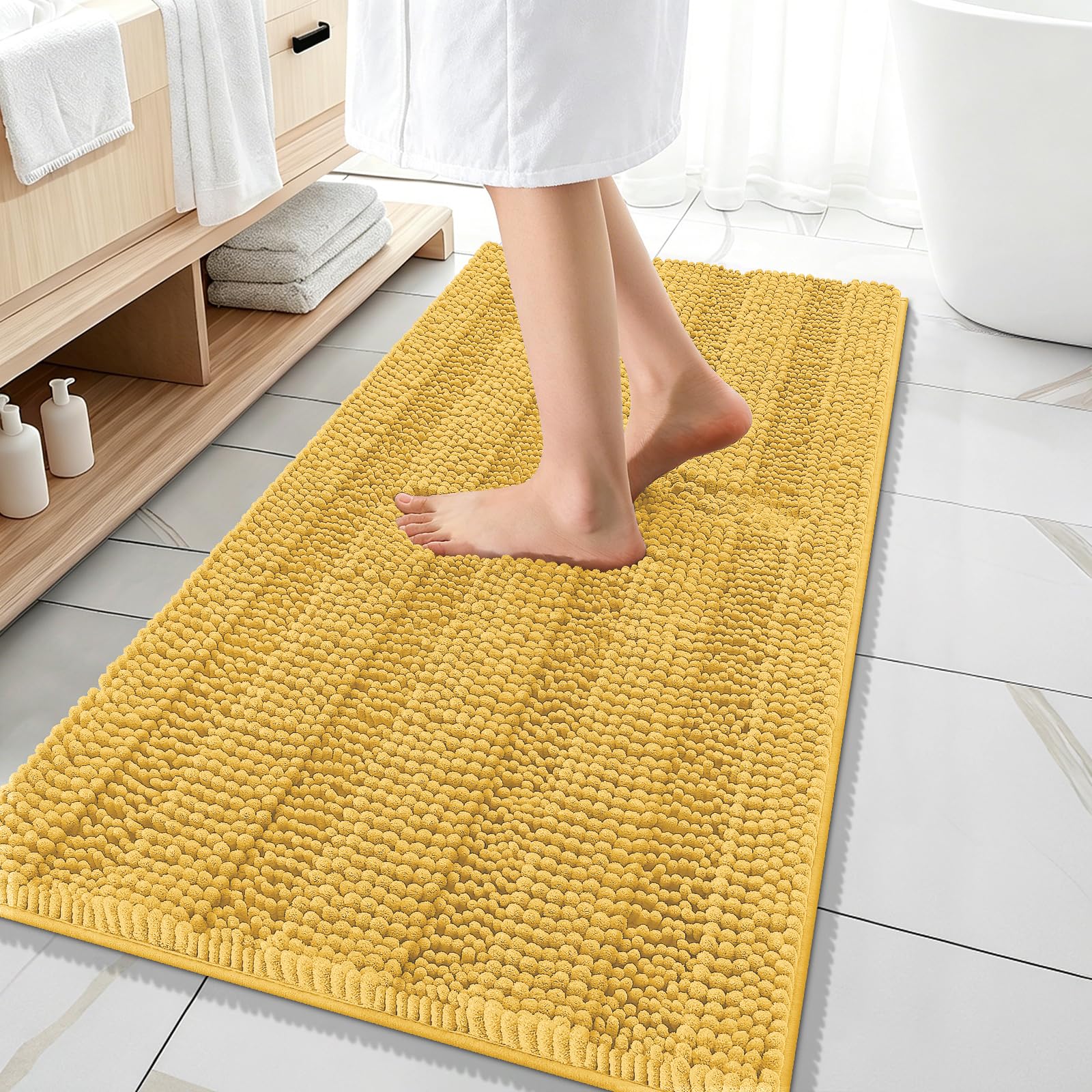OLANLY Thick Bathroom Runner Rugs 47x20, Soft Chenille Bath Rugs, Yellow