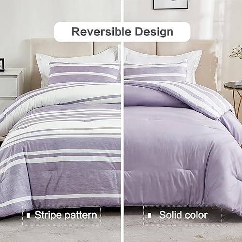 Miniatura 3 de Andency Juego de edredón de 3 piezas de color morado y blanco, juego de ropa de cama de verano a rayas, reversible, suave, ligero, para todas las