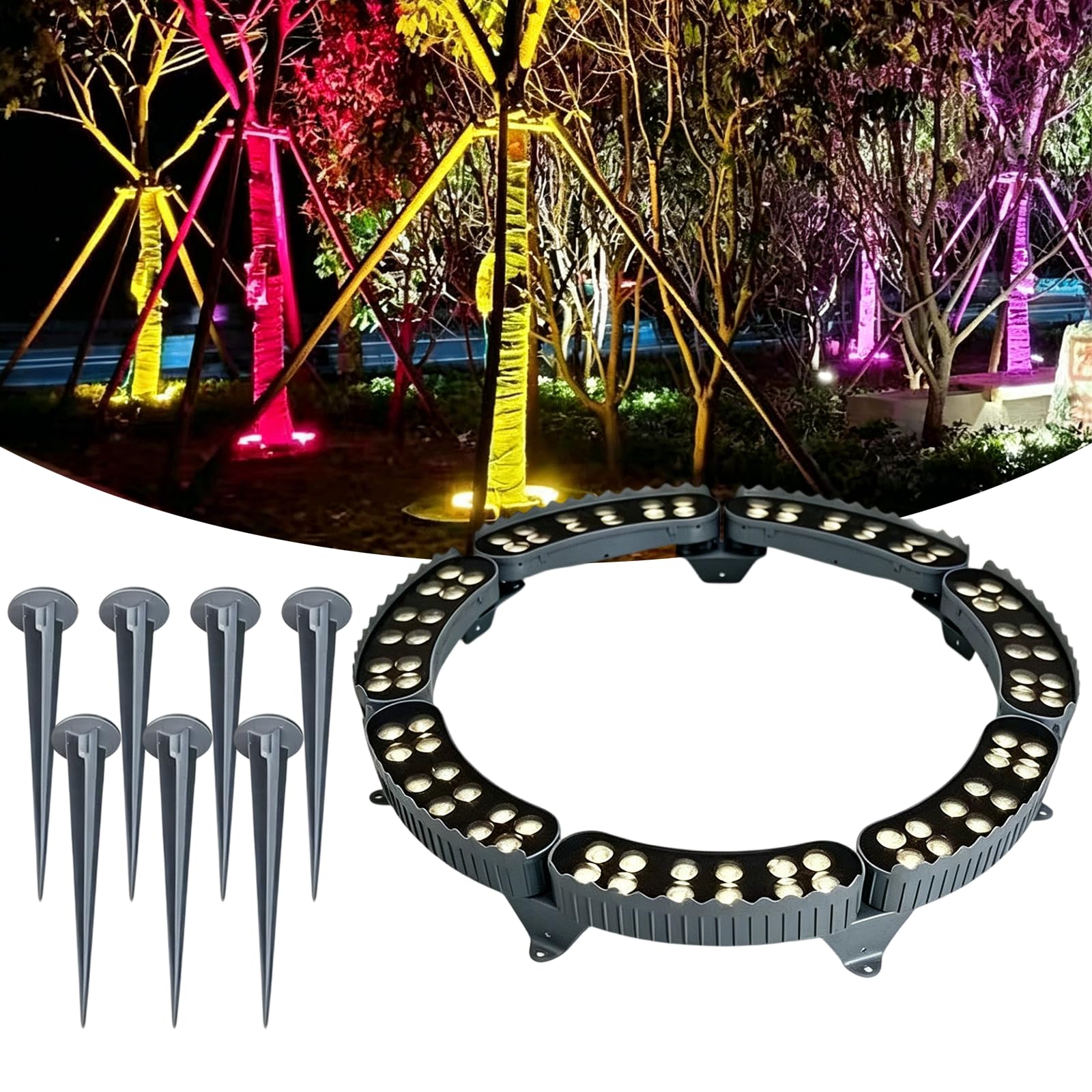 LLELEMAMO LED Ring Tree Light - Outdoor Waterproof Landscape Spotlight Curved Flood Light Tree, Die Cast Aluminum Heavy Duty Ring Spotlight for Yard Garden Pathway Trunk wrap (Yellow,7 Pcs (84W))