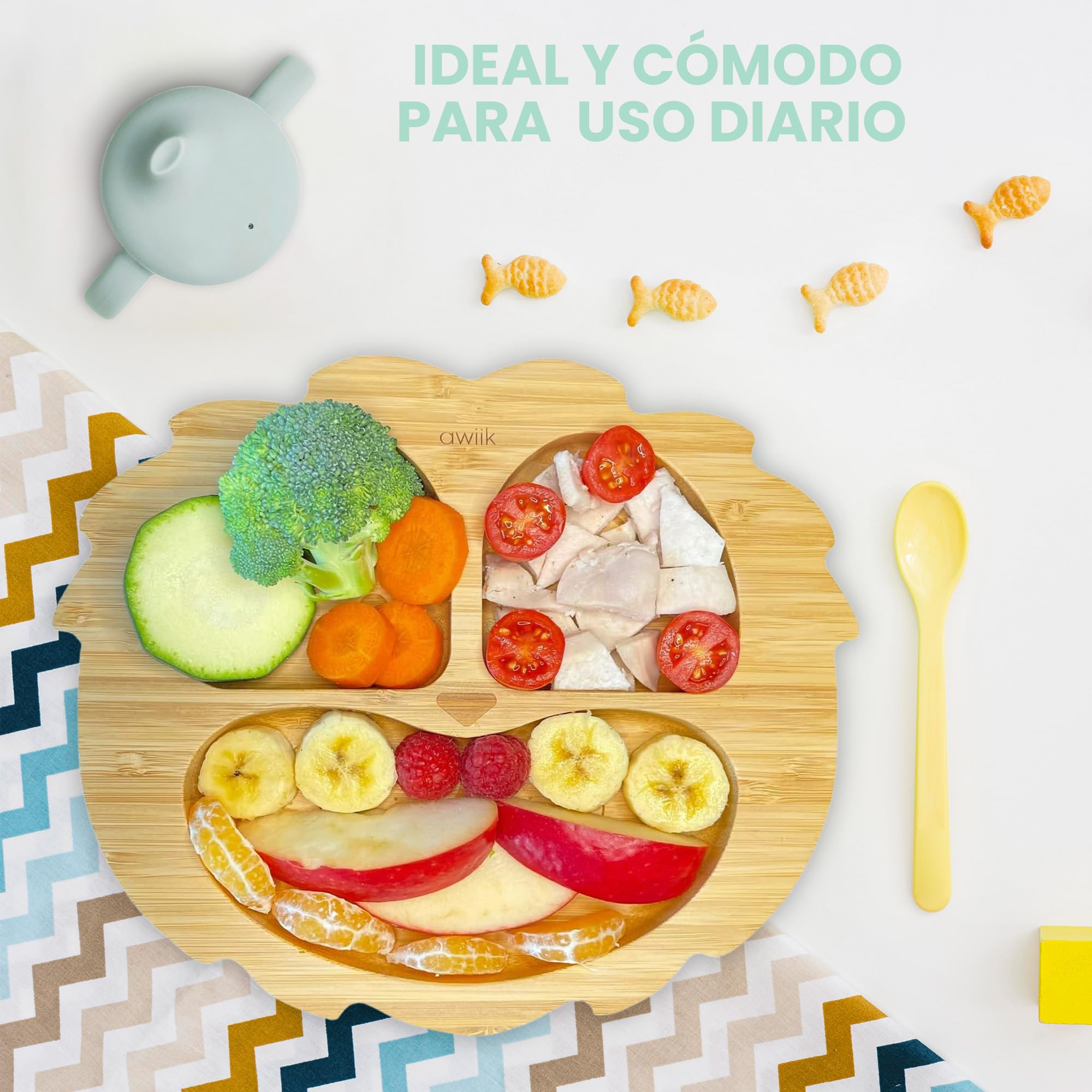Plato de Bamboo con fuerte ventosa para bebés y niños pequeños. Plato BLW de bambú antideslizante con succión. Vajilla infantil antivuelco para aprender a comer BLW. (Lion)