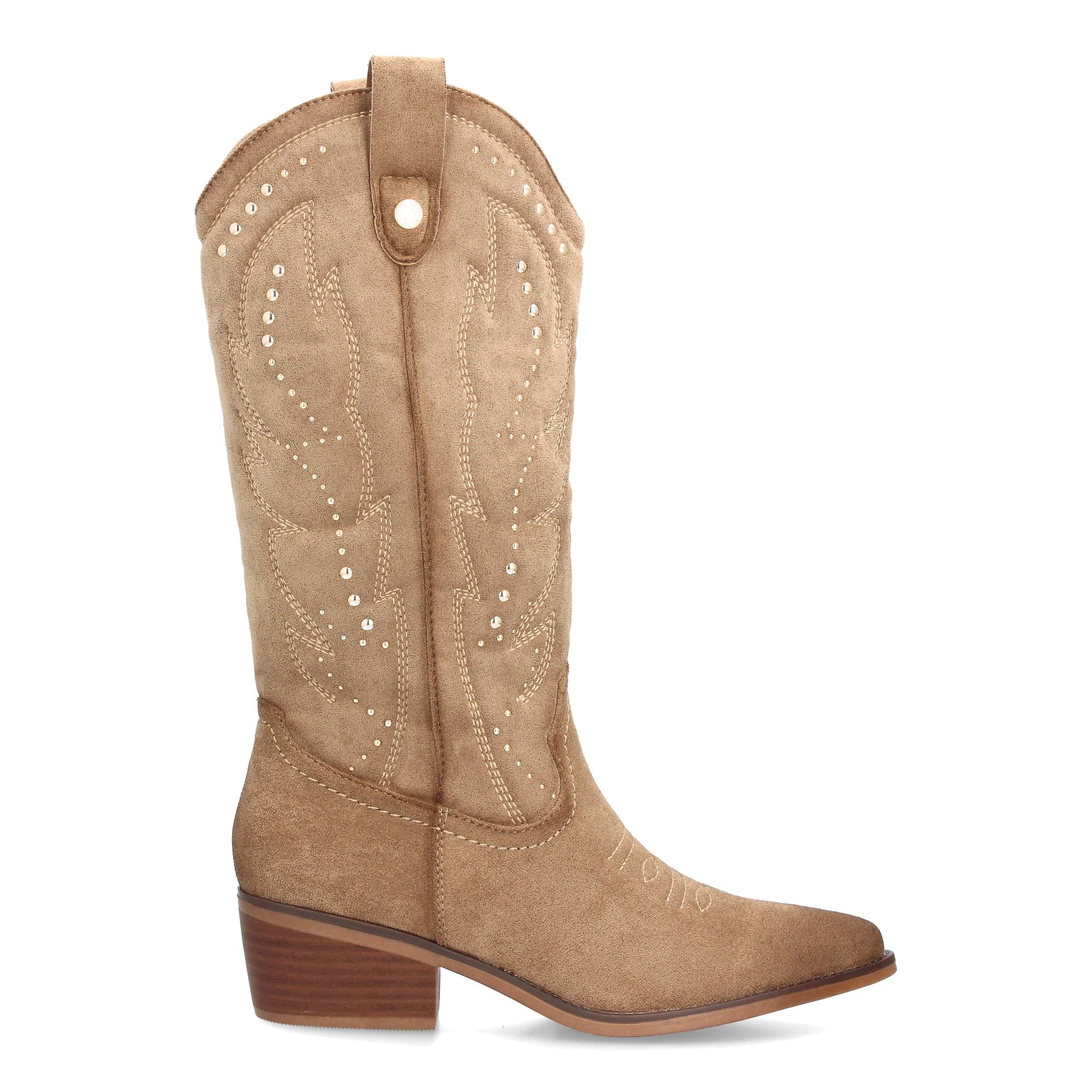 Botas Cowboy de Mujer Estilo Western con Diseno Elegante. Cana Alta con Bordados Decorativos y Tachuelas metalicas. Tacon Ancho de Altura Media, Punta Fina. Ideal Otono Invierno.