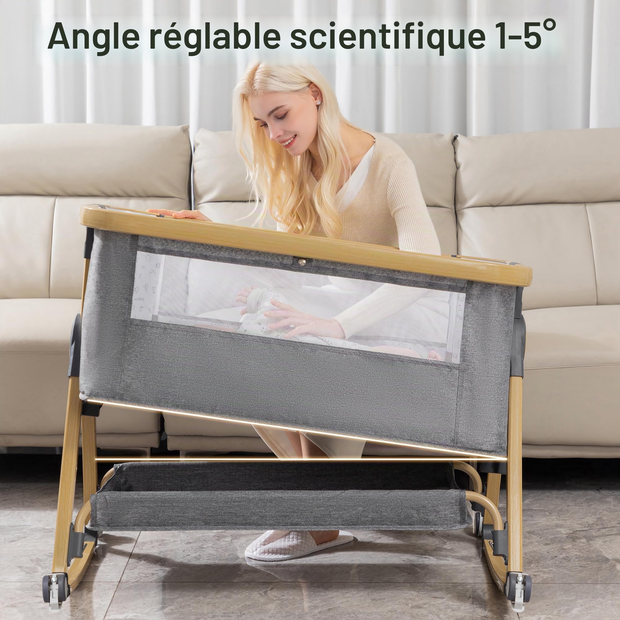 YAZOCO Berceau Bébé 3 en 1 Lit Cododo avec Matelas, Hauteur Réglable 6 Niveaux, Inclinaison 5° Scientifique, Panier Rangement Gris