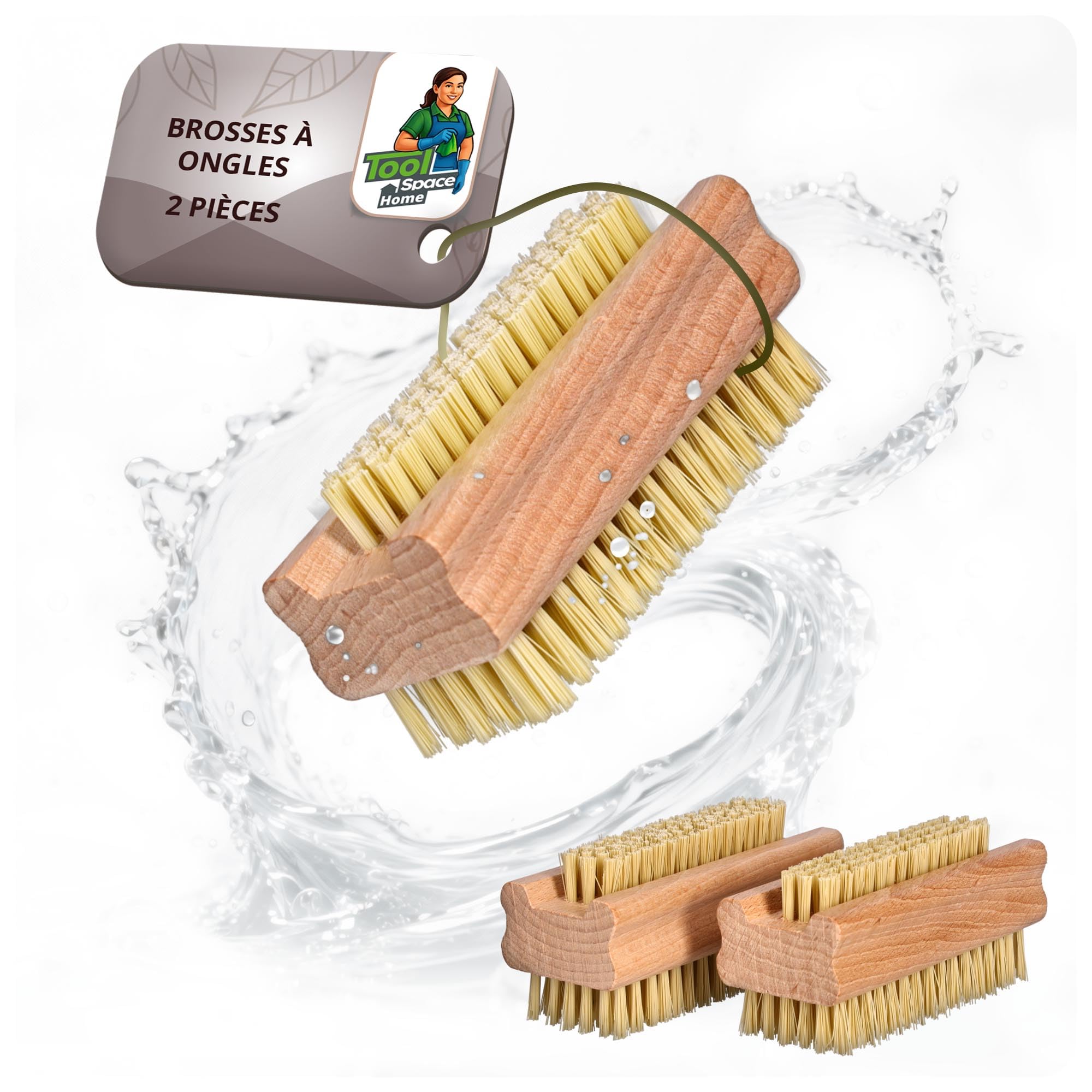 ToolSpace 2x Brosse a Ongles pour les mains Main Bois Manucure Pedicure Poil Dur Brossé à Nettoyer Nettoyant pour les Ongles Pieds Mains Soies d'Agave Récurer Beau Design Bois Naturel 2 Pièces