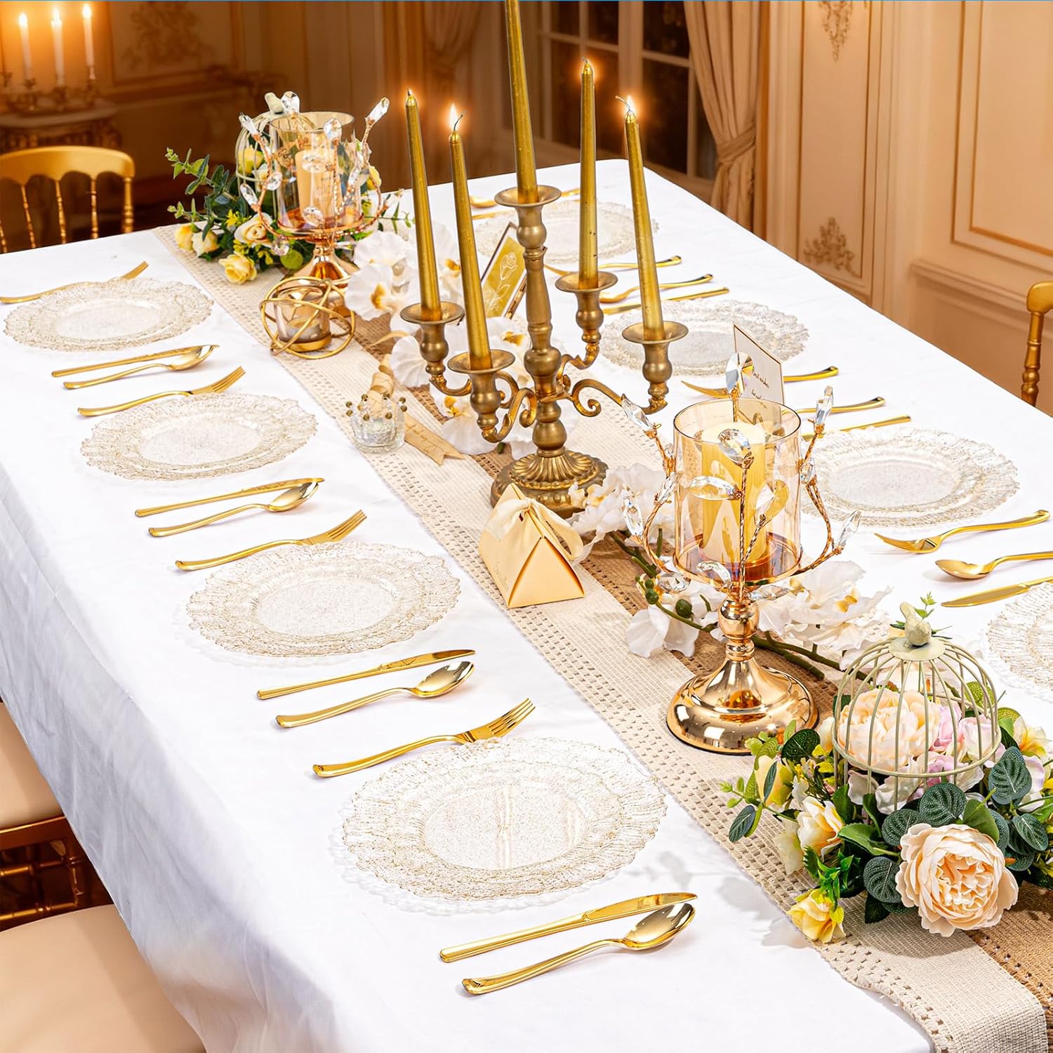 I00000 60 Pcs Gold Glitter Plastic Plates, Gold Disposable Party Plates, Premium Clear Plastic Plate Disposable Include 30 Dinner Platos 10" & 30 Dessert Platos 7" Perfect for Wedding & Party