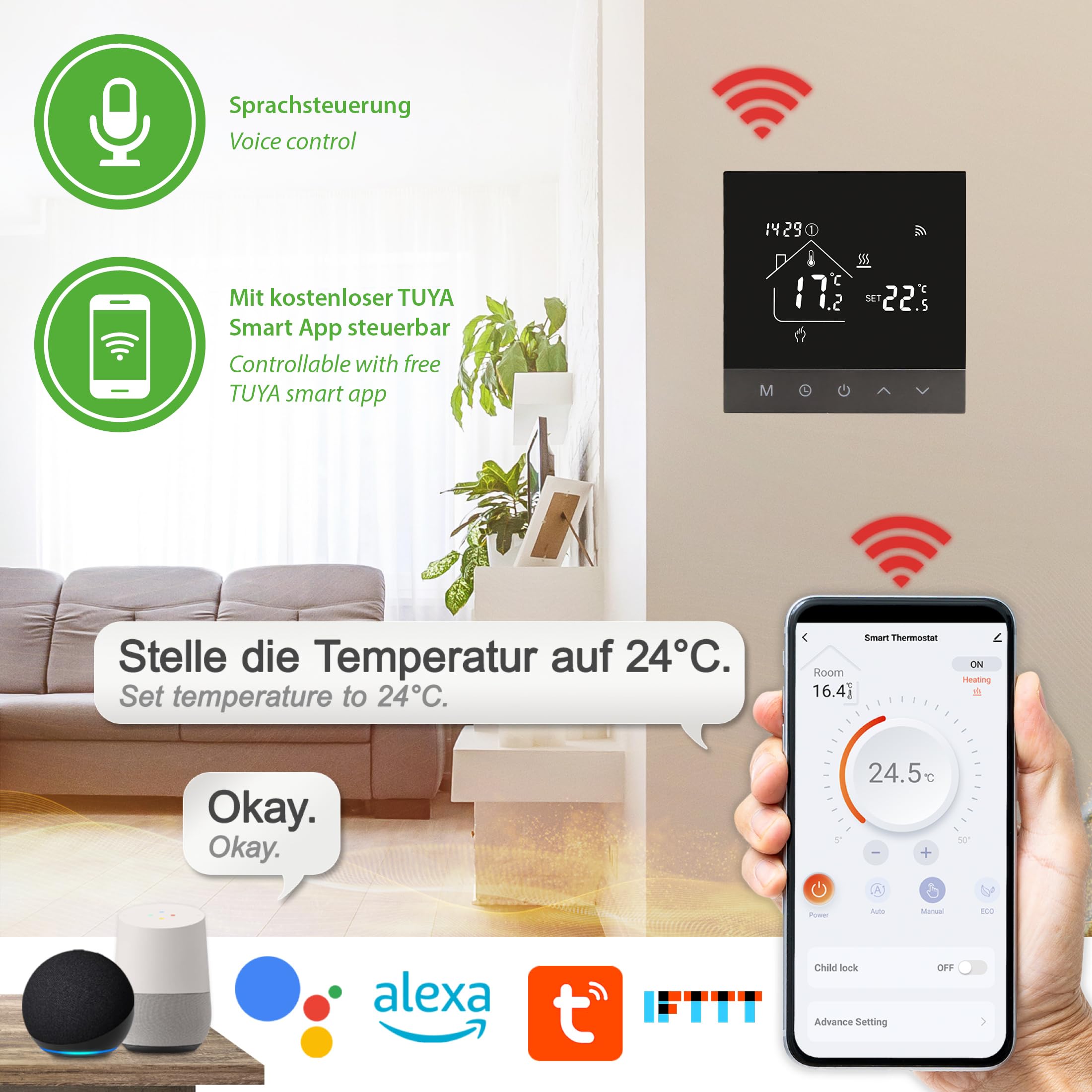 TH215 - Termostato WiFi con app Tuya Smart – per riscaldamento elettrico a pavimento, attuatori NC/NO, funzione di riscaldamento e raffreddamento, funzionamento touch, controllo vocale con Alexa e
