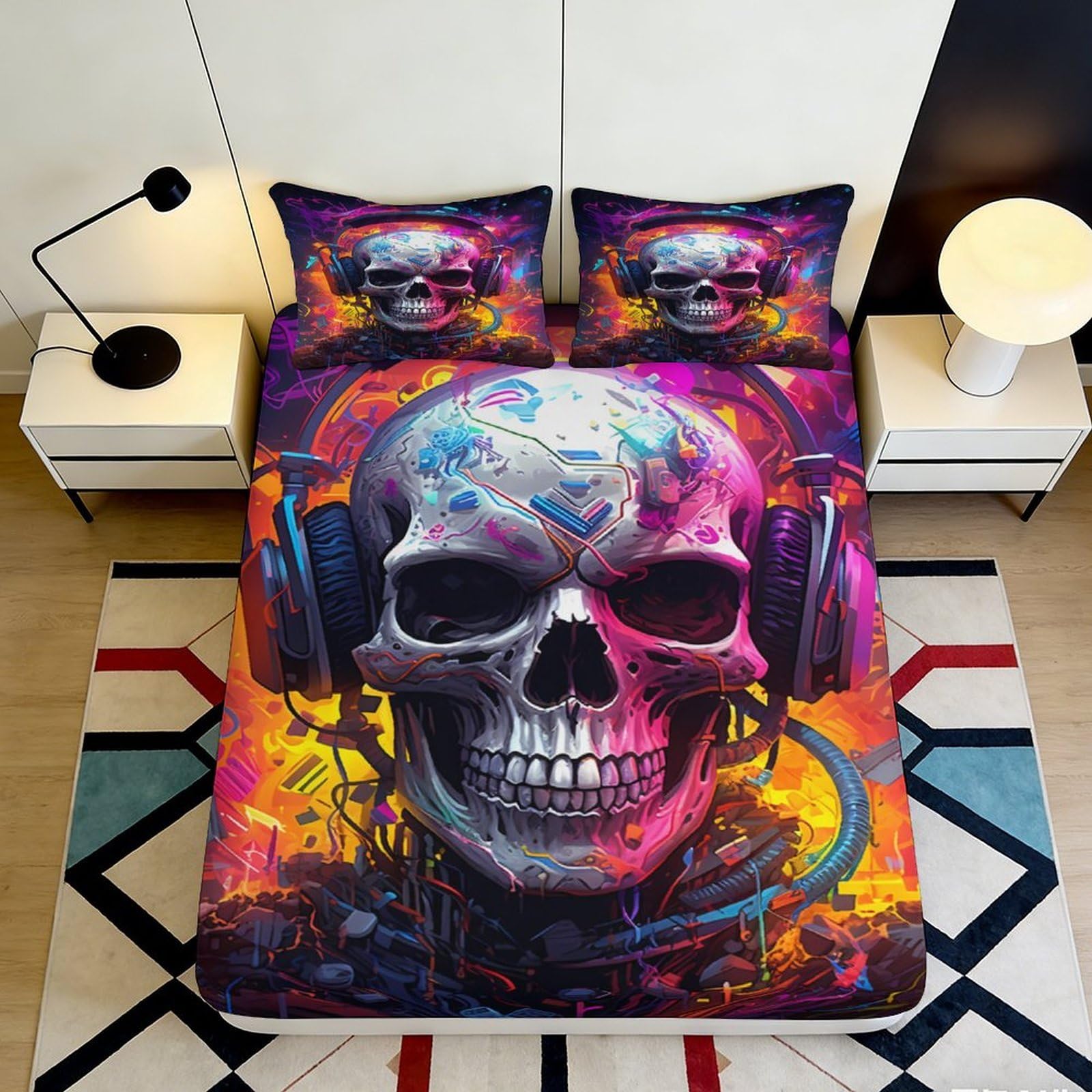 3D Printed Neon Skull Fitted Sheet Microfiber Soft Breathable Graffiti Headphone Mattress Cover for Bedroom Dorm Decor 90x200x25cm