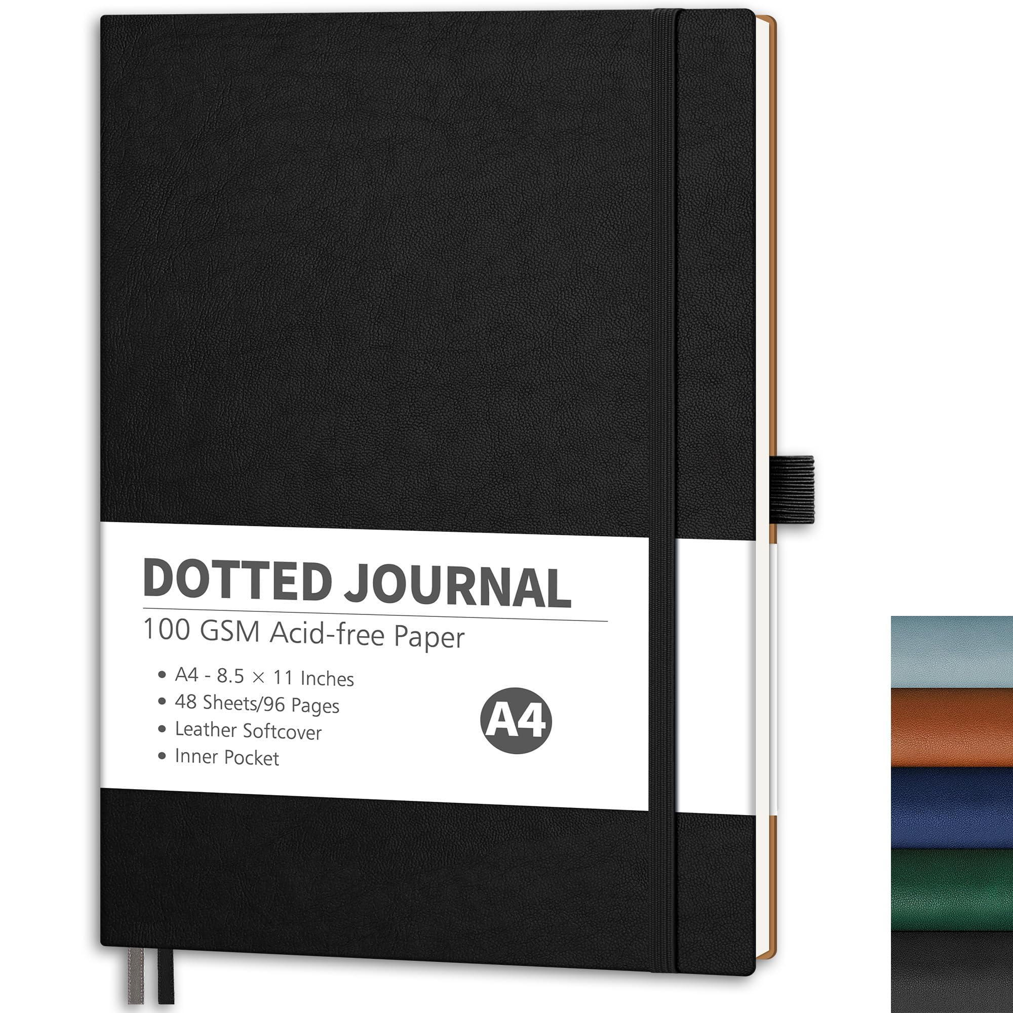 RETTACY Bullet Dotted Journal Notebook, 96 Pages, A4 Large Size (8.5'' x 11''), Leather Softcover, 100 GSM Thick Paper, for Bullet Journaling, Planning, Tracking (Black)