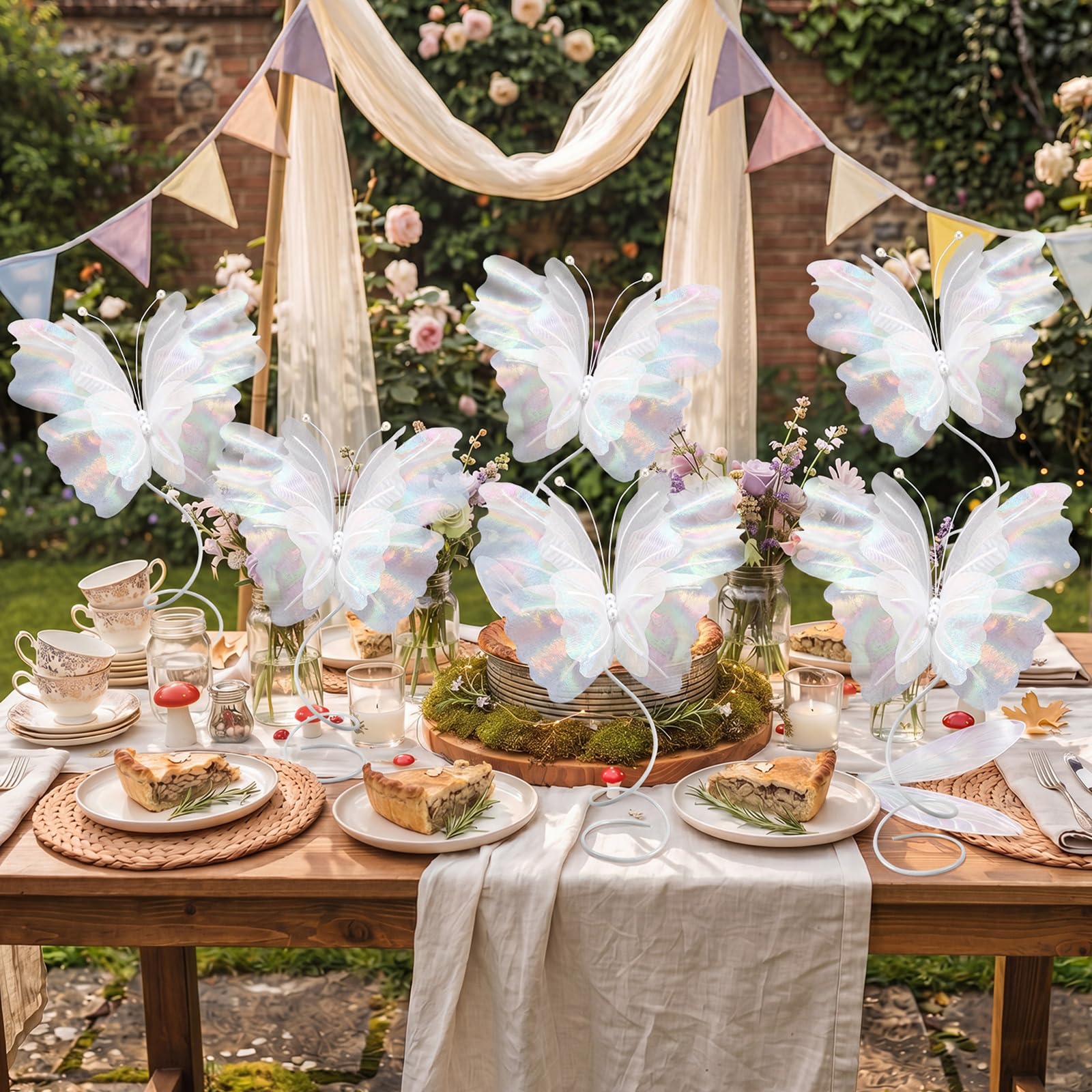 Photo 1 of Amyhill 6 Pcs Butterfly Party Decorations Table Centerpiece Large Double Layer 3D Silk Butterflies with Wire Stems Desktop Ornaments for Wedding Bridal Shower Garden BirthdayParty Decor (White)