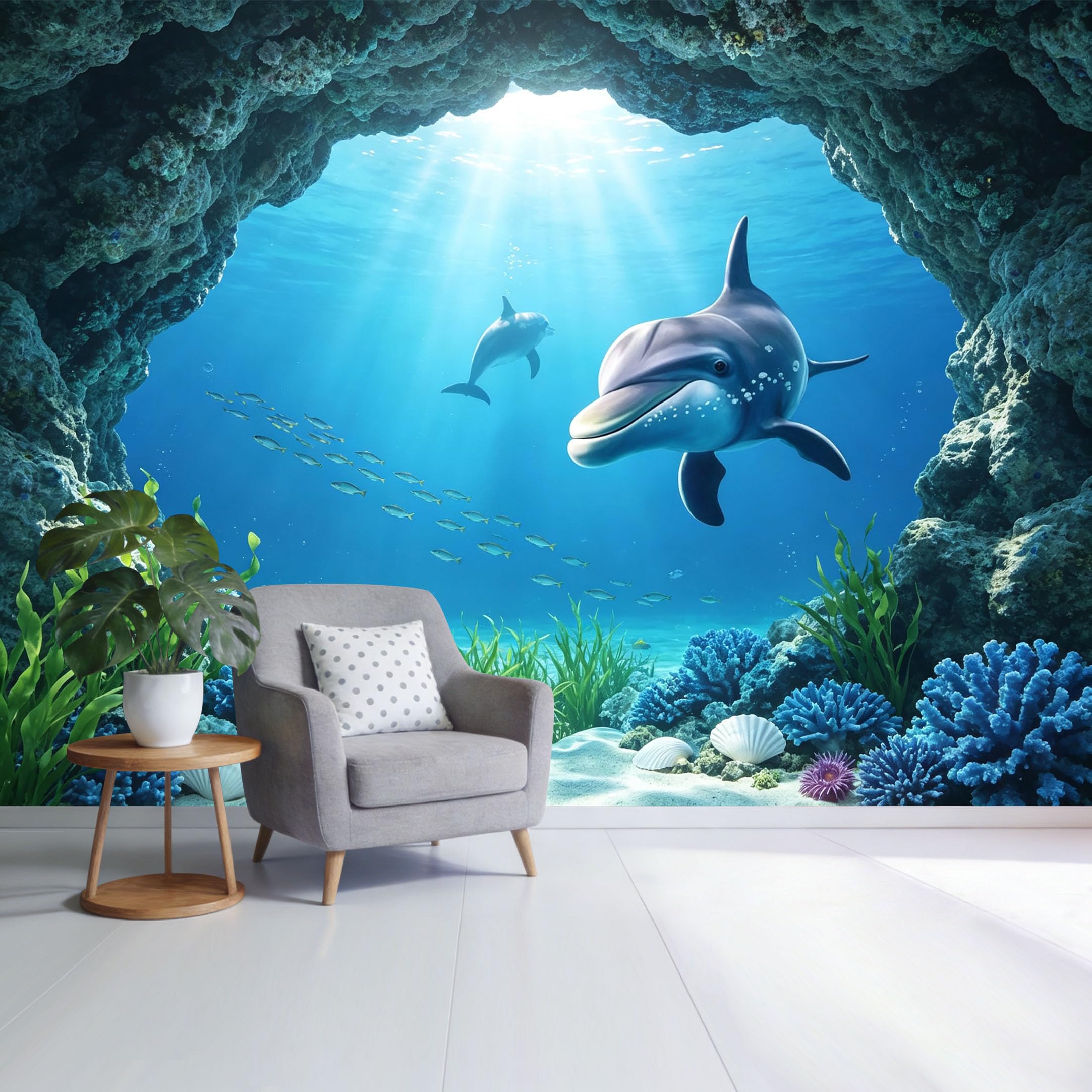 Custom Size Wall Mural Underwater Dolphin Ocean Marine 3D Trompe L'Oeil Removable Self Adhesive Fabric Home Wall Decor for Living Room Bedroom Bathroom Background