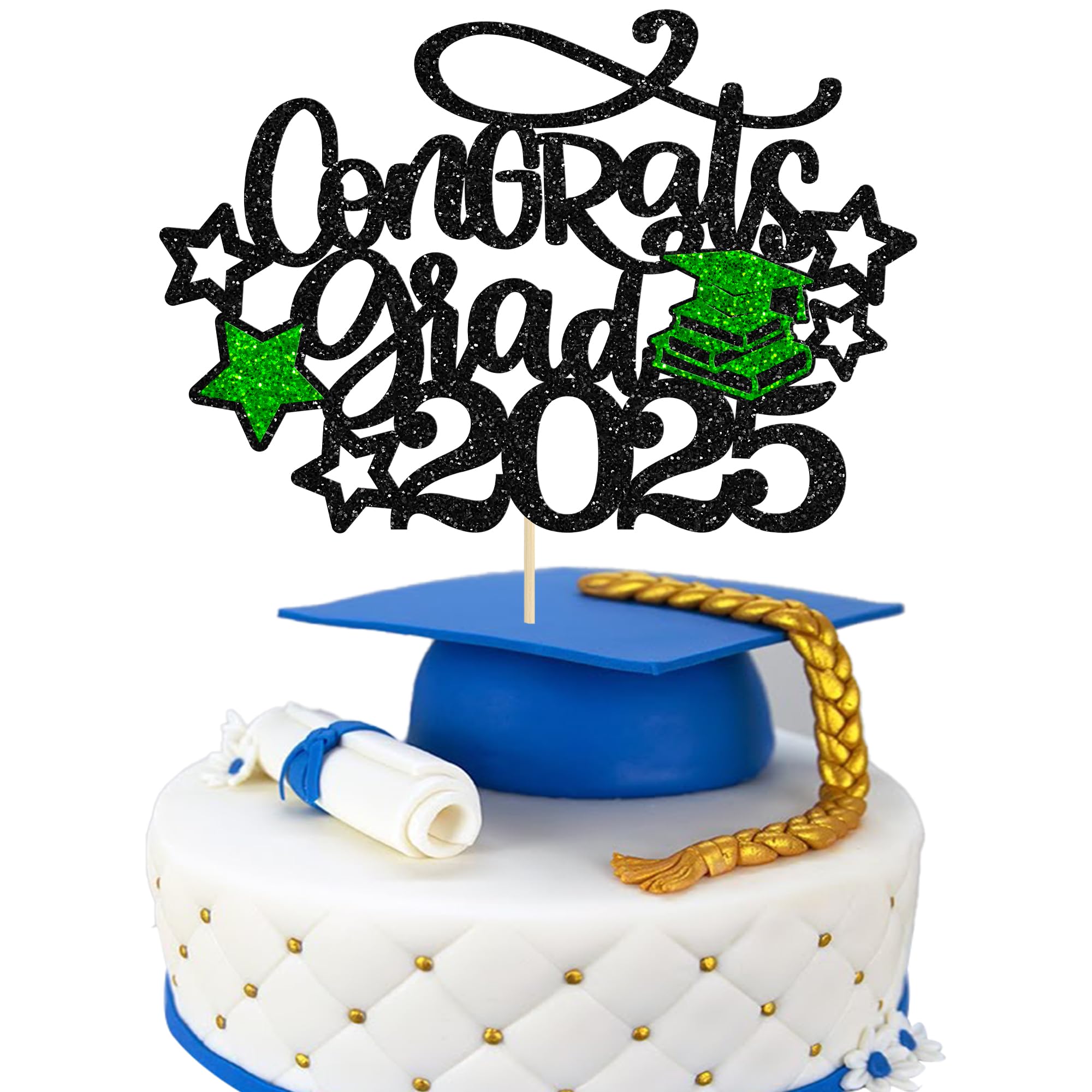Gyufise 1Pc Congrats Grad 2026 Cake Topper Glitter Star Class of 2026 Graduation Cap Cake Pick for 2026 Graduation Theme Party Cake Decorations Supplies Green