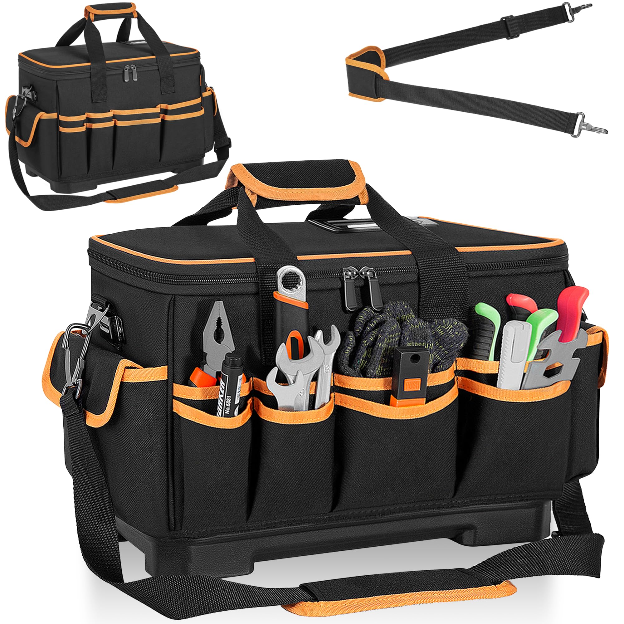 40,5x28x22,5CM Sac à Outils avec 26 Poches et Grande Capacité, Sac de Rangement pour Outils avec Bretelles réglables, Double Fermeture Éclair, Base Rigide Imperméable