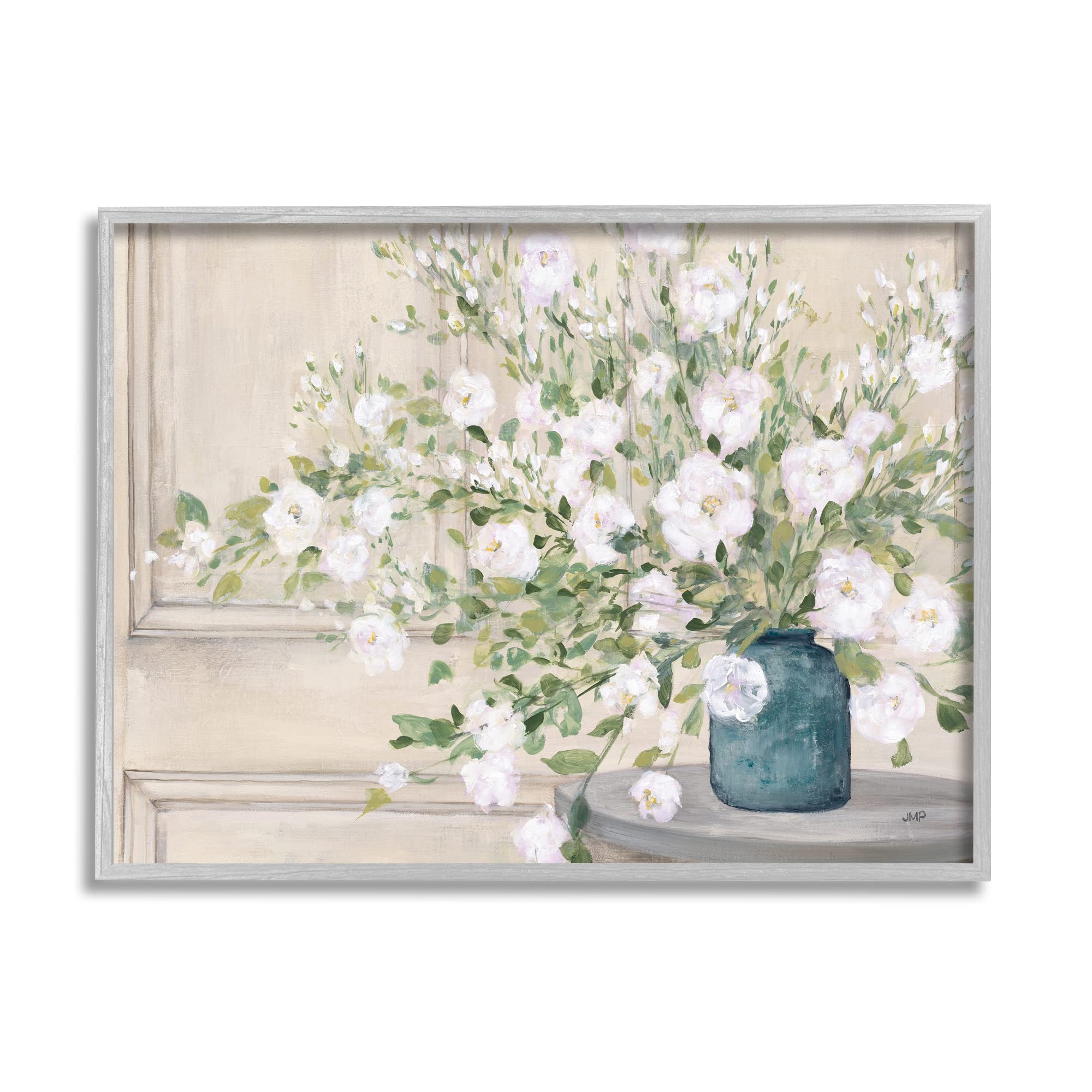 Stupell Industries Geranium Tabletop Country Still Life Painting Blooming Flowers, Designed by Julia Purinton Gray Framed Wall Art, 30 x 24, Beige
