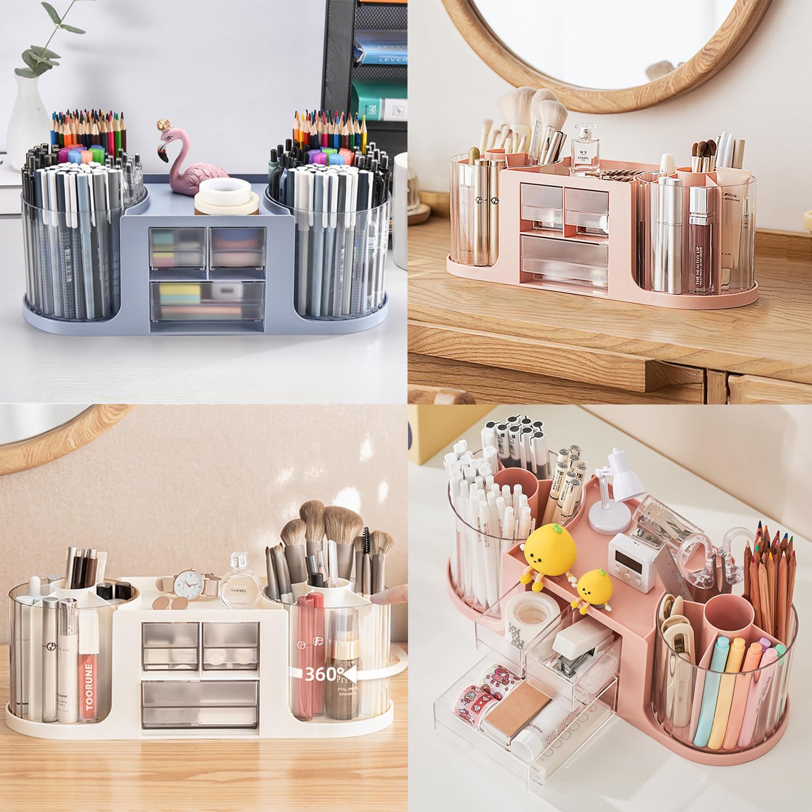 Organiseur de Bureau Rotatif à 360 Pot à Crayon Rotatif 14 Compartiments Porte Stylos de Bureau Faire Tourner Pot Crayon Rangement Stylo Pour Papeterie Maquillage L'artisanat (Rose)