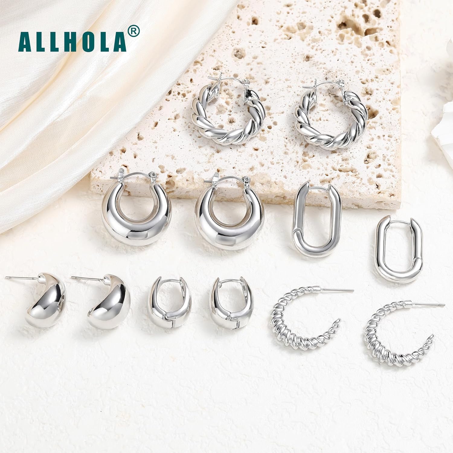 ALLHOLA 6 Pairs 14K Gold Plated Hoop Earrings for Women Trendy Chunky Lightweight Hoop Earrings Multipack Hypoallergenic, Thick Twisted Huggie Hoops Earring Set Jewelry for Gifts - Image 5