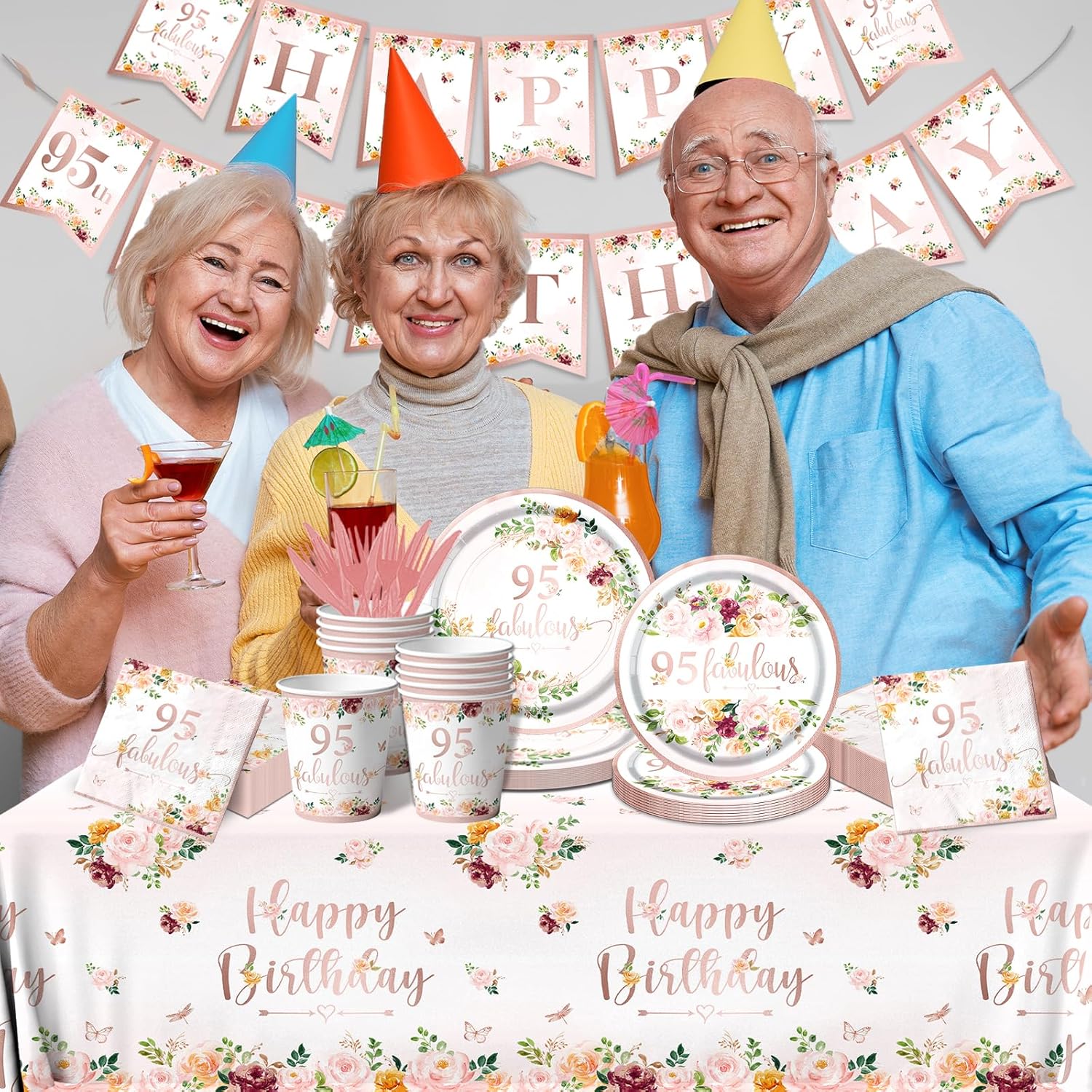 95th Birthday Decorations for Women - Rose Gold Party Decorations 95th Birthday Tableware Set Plates,Napkins,Tablecloth Rose Gold Floral Table Decoration for Men Women Birthday,95 Fabulous Decorations - Image 3