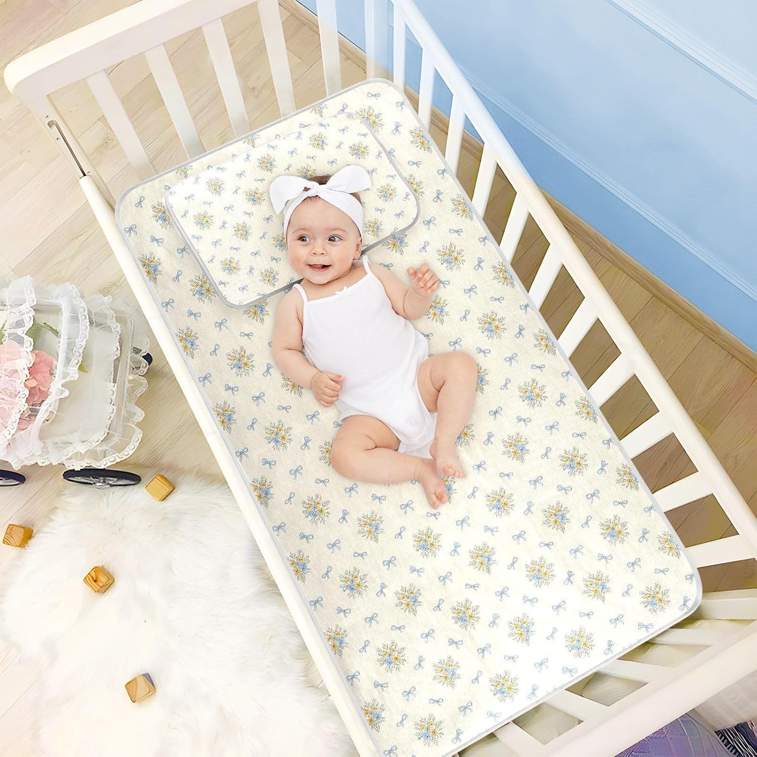Baby Cooling Mat Floral Pattern Vintage Ice Silk Breathable Mesh Summer Crib Mattress Pad with Pillowcase, Soft Cooling Sleeping Surface for Infant & Toddler, 52"x28"