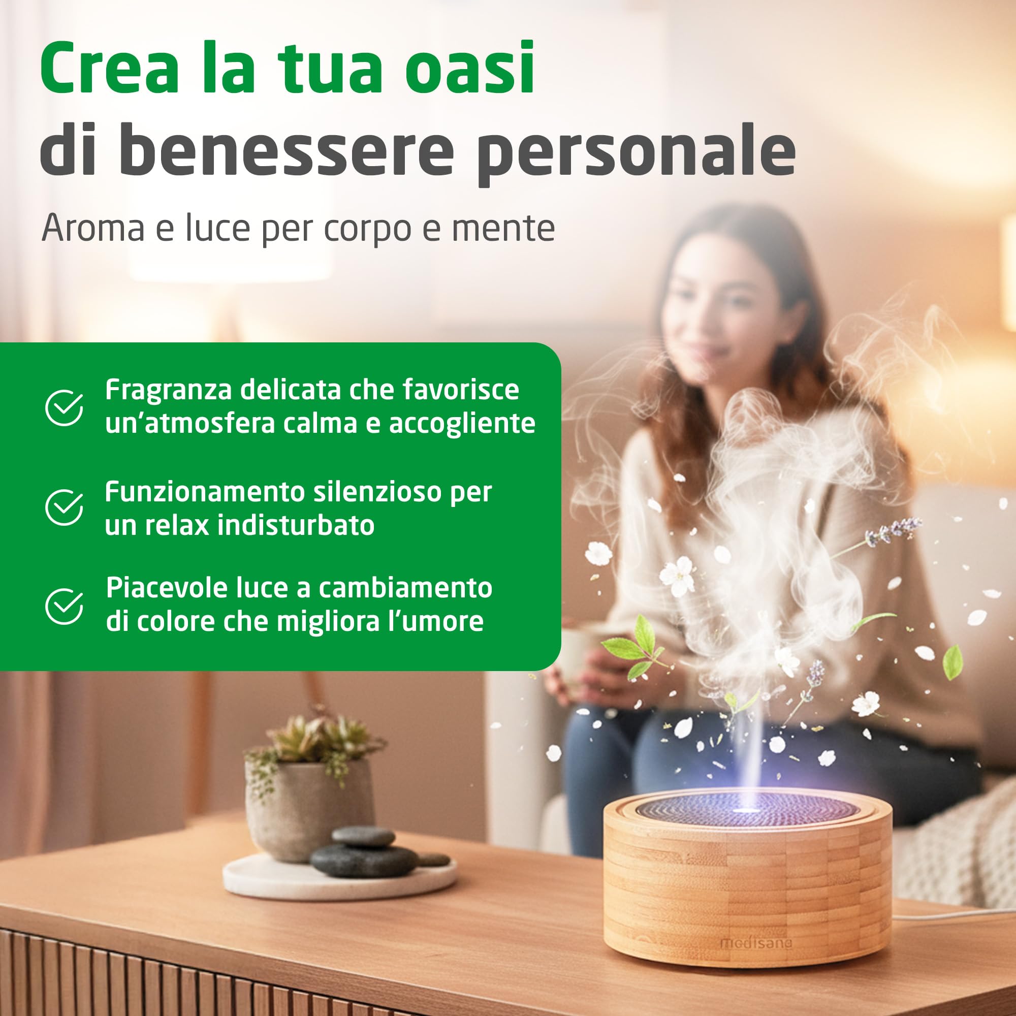 medisana | AD 625 | Diffusore d'aromi | Bambù | Fresco per ambienti | Deodorante aria | Lampada profumata con timer | Fragranza ambiente elettrico | Oli essenziali | Luce wellness in 6 colori | 100 ml