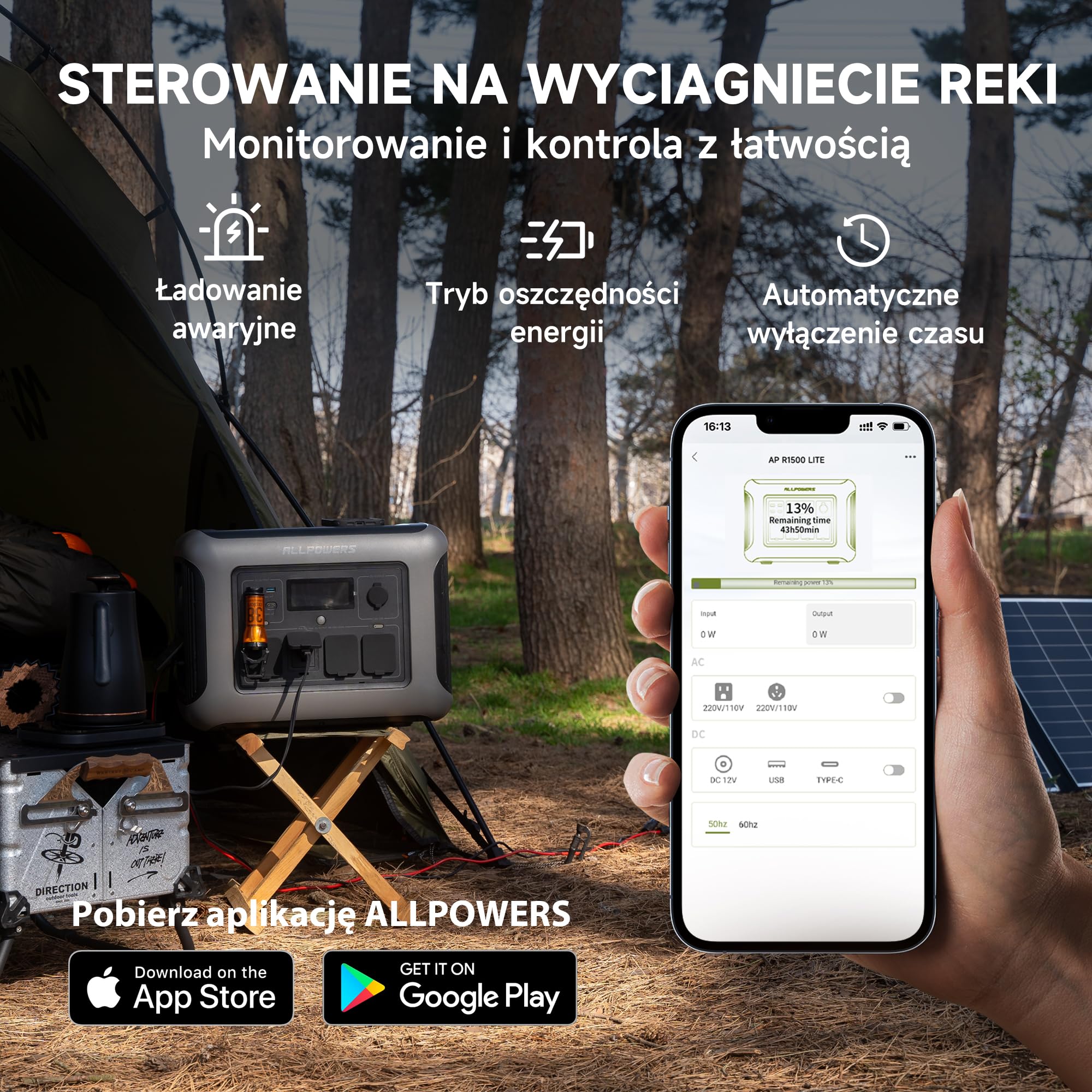 ALLPOWERS Przenośna stacja zasilania R1500 LITE, akumulator LiFePO4 (LFP) o pojemności 1056Wh, generator słoneczny (panele słoneczne opcjonalne) (R1500 LITE+SE100)