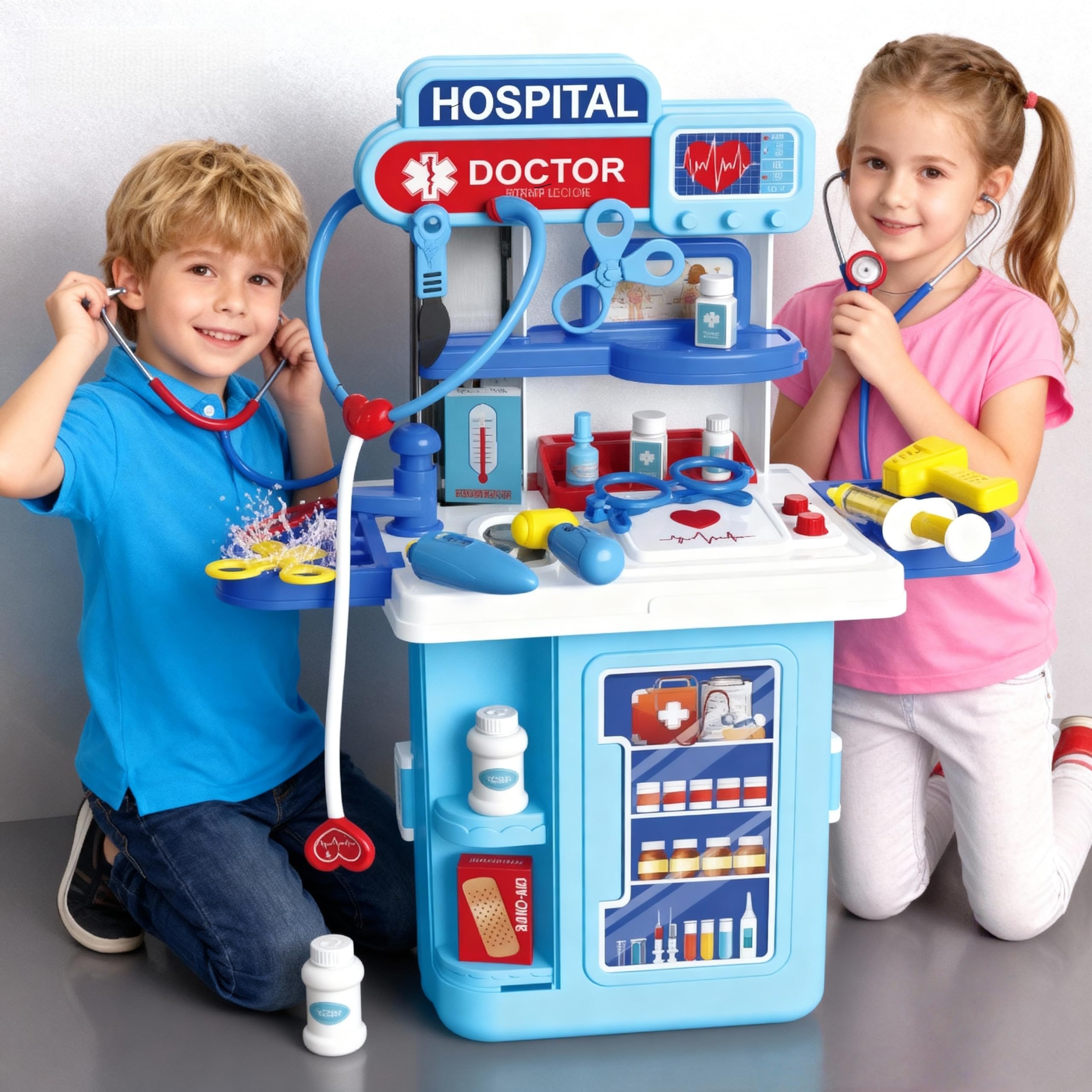 Serena & Jewel - Kit medico per stazione medica di simulazione per bambini, set 2 in 1, kit medico con tavolo e carrello