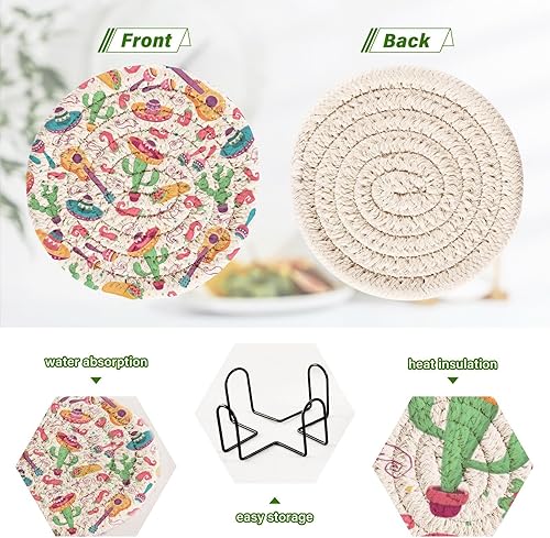 Miniatura 4 de innewgogo Mexican Guitar Cactus 6 Pcs Absorbent Drink Coasters for Tabletop Protection Handmade Round Woven Coaster with Holder & Heat Water