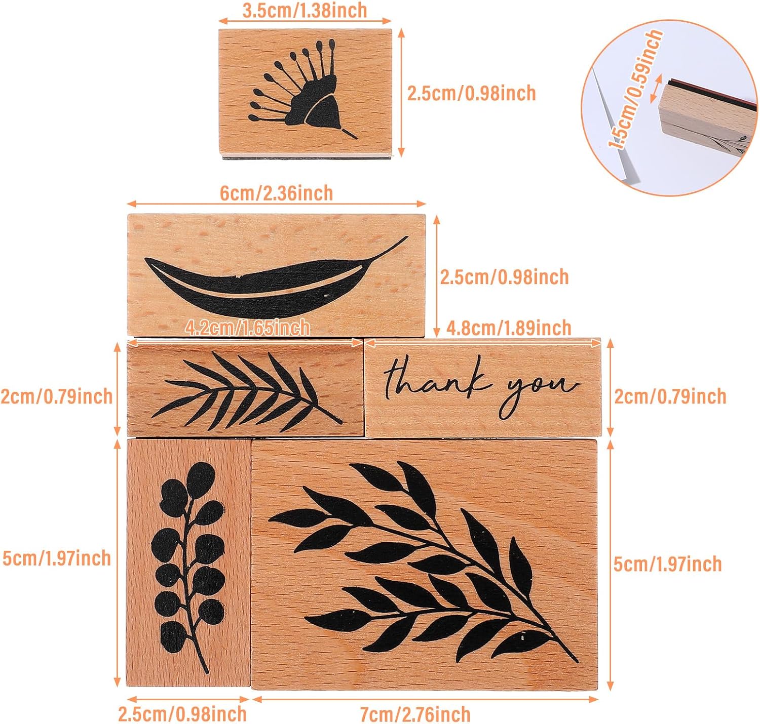 Mabor 6Pcs Vintage Wood Rubber Stamps for Crafting | Leaf & Flower Retro Decorative Mounted Wooden Thank You Rubber Stamp Set for DIY Art Craft Journaling Scrapbooking