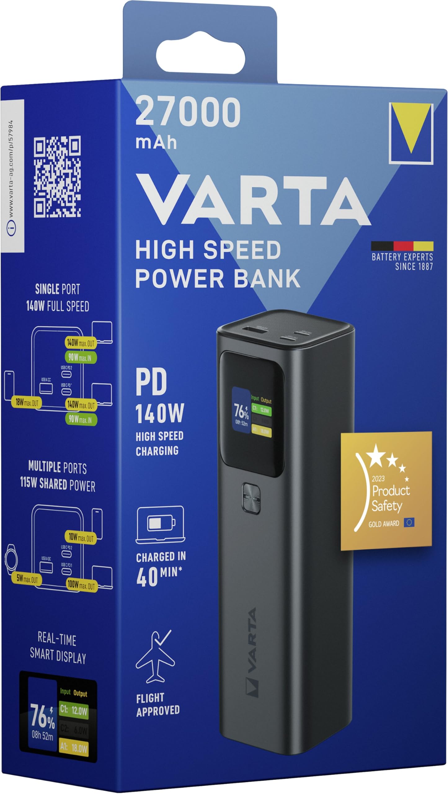 VARTA Powerbank 27000 mAh, High Speed, 140 W alluminio | per Laptop, smartphone, Tablet e Drohne, 2x USB C PD, 1x USB A Quick Charge 18 W, Smart Display, flugtauglich