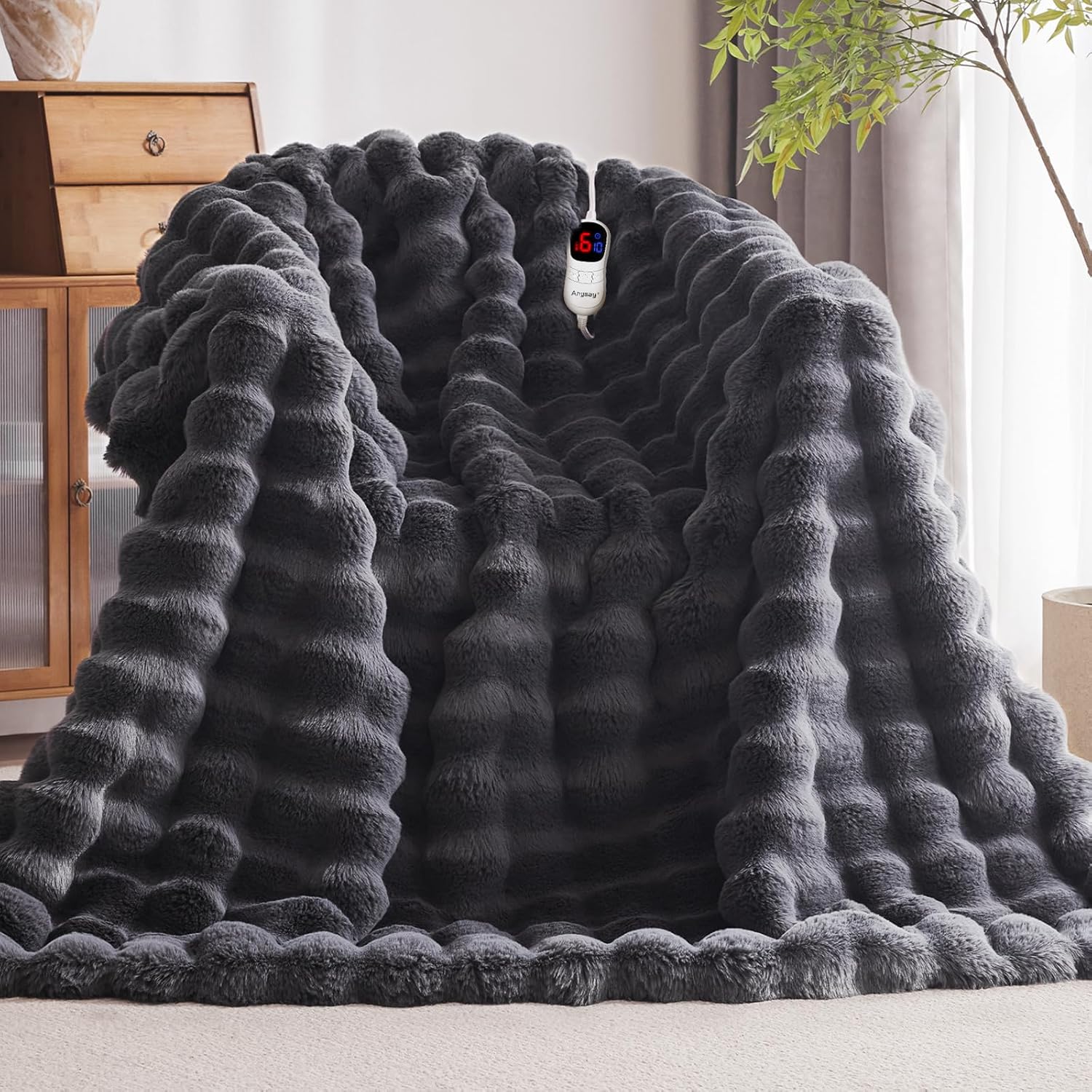 Heated Blanket Queen Size with 1/2/4/6/8 Hours Auto-Off 10 Heat Level, 72'' * 84'' Cozy Faux Rabbit Fur Bubble Electric Blanket with Overheat Protection(Dark Grey) Dark Grey 72''*84''
