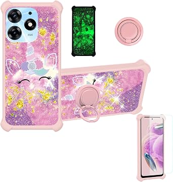 jioeuinly Case for Tecno Spark 10 Pro Case Compatible with Tecno Spark 10 Pro Phone Case Cover [with Tempered Glass Screen Protector][Ring Support][Gold Glitter+Luminous] JSF-DJS