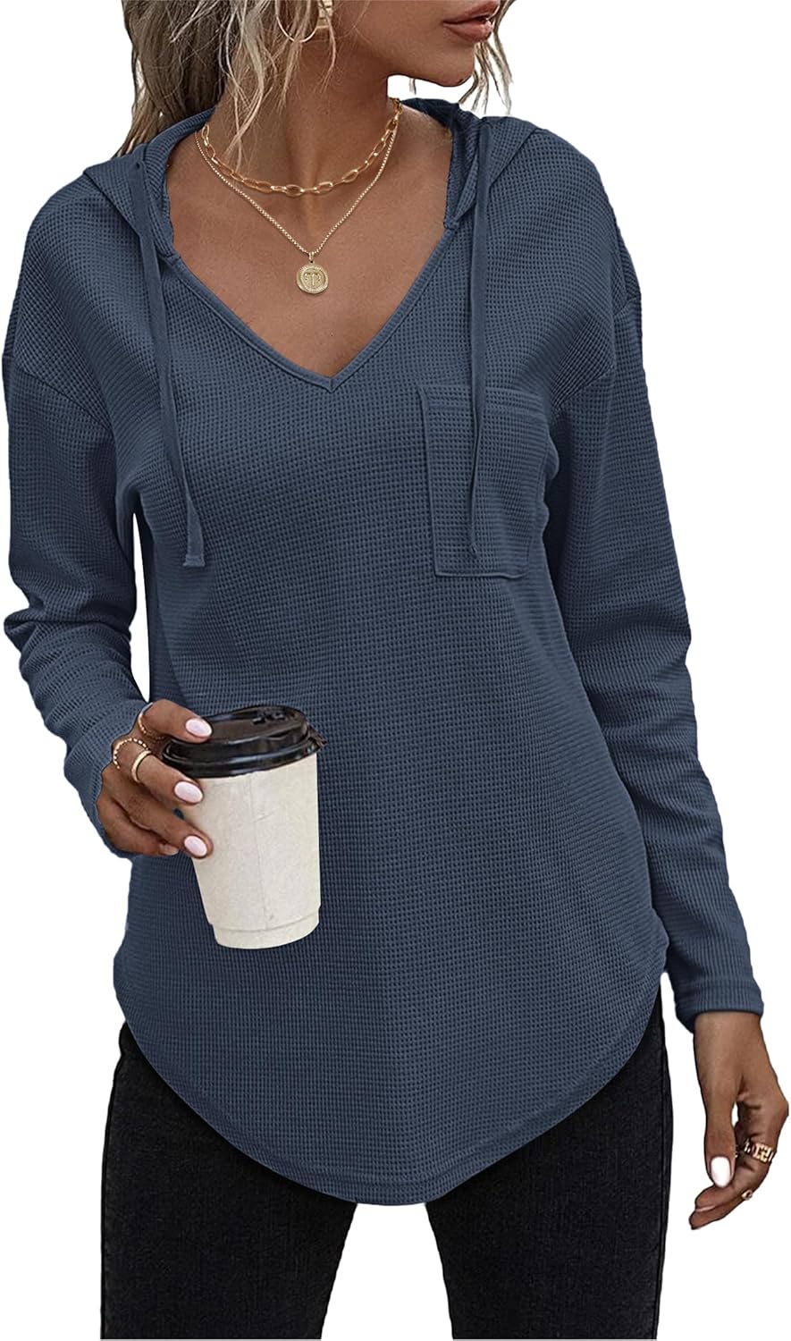 AUSELILY Womens Waffle Knit Tunic Tops Casual Long Sleeve Shirts Drawstring V Neck Hoodie with Pockets