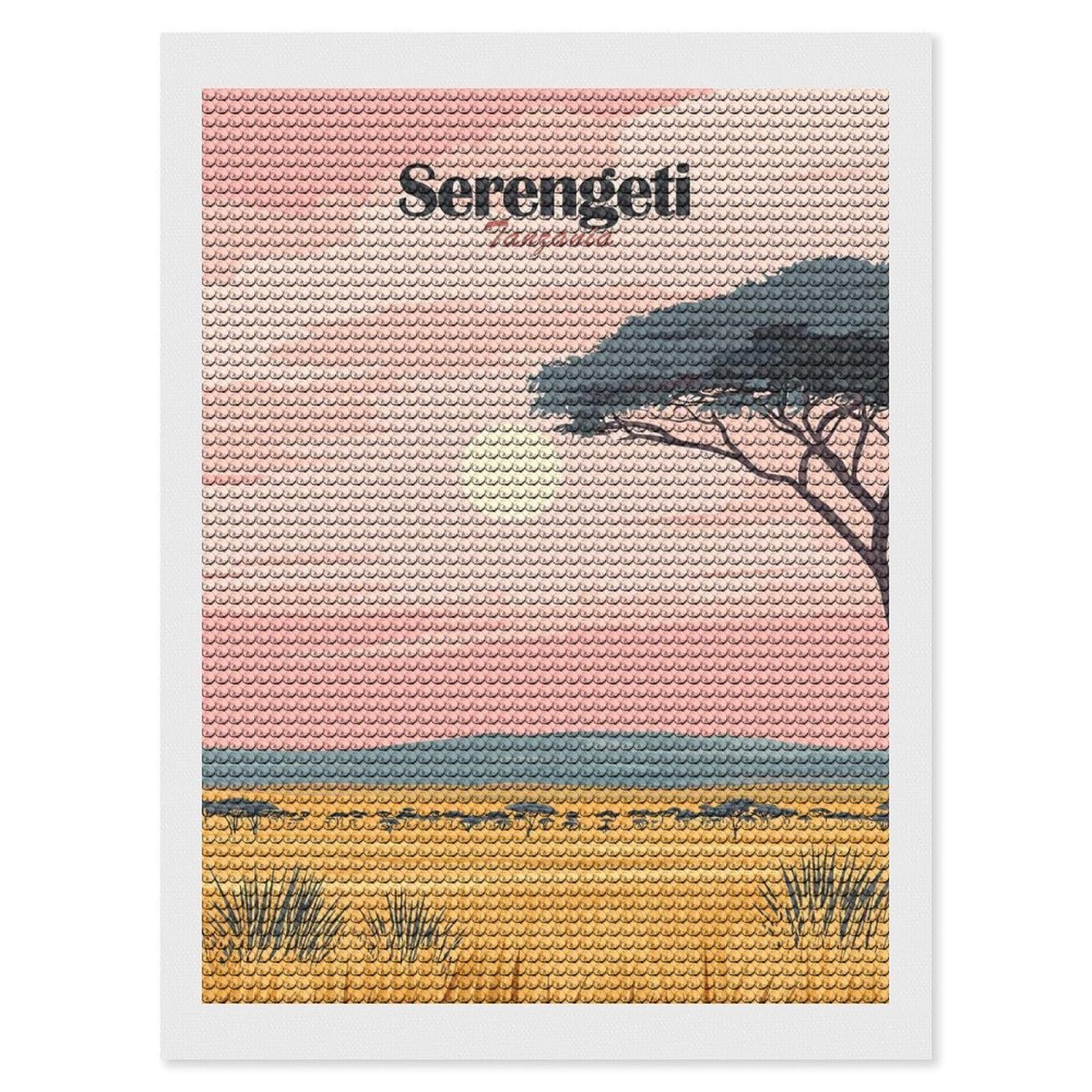Junmoney Serengeti Tanzania Landscape Illustration Diamond Art Kit 12"x16", Holiday Gift Idea, for Women, Easy Handmade Project, Vintage Style Decor, Printed Canvas