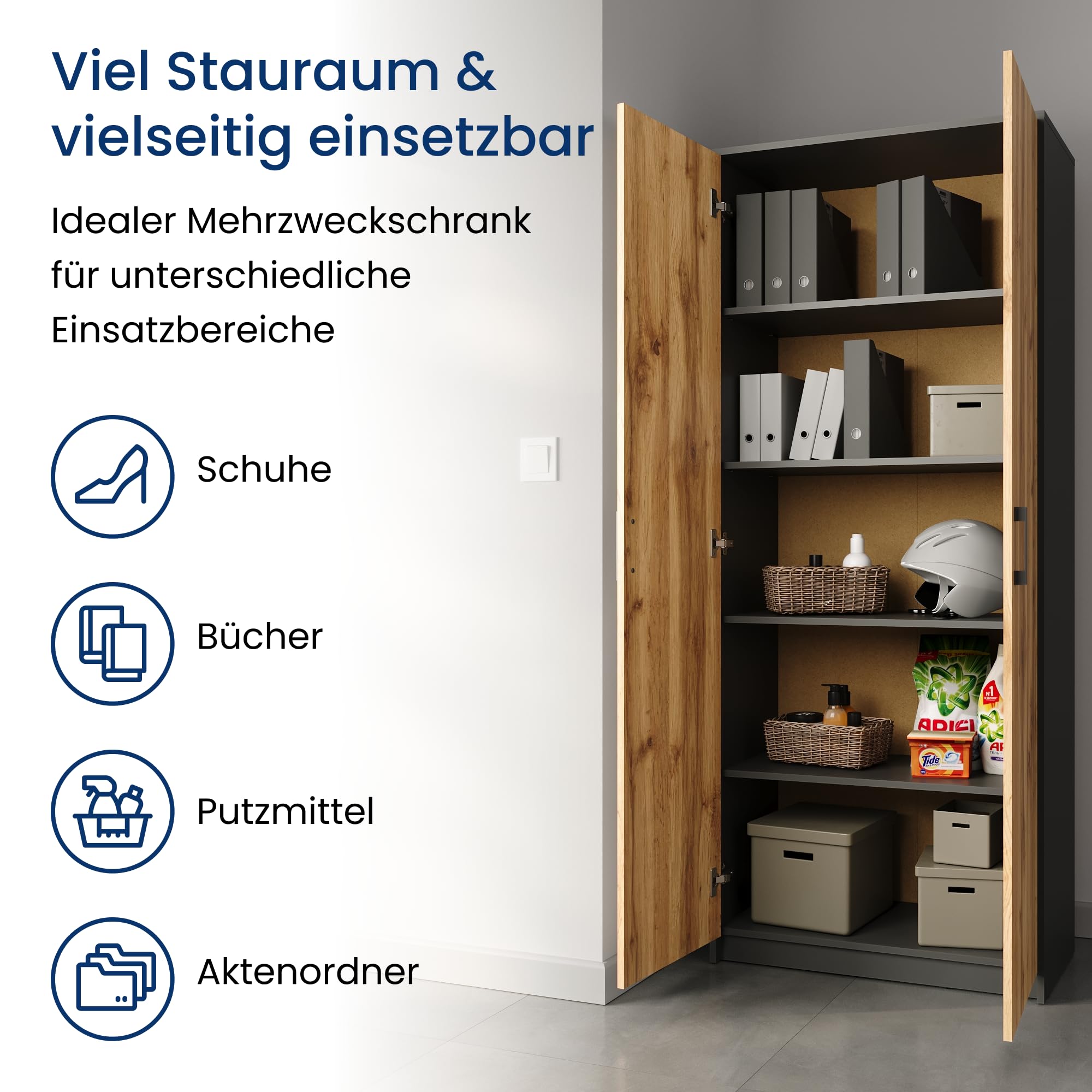Home Collective Schrank Mehrzweckschrank Aktenschrank Hochschrank mit 5 Fächern 2 Türen 74x35x180 cm vielseitig einsetzbar für Büro Flur Küche Hauswirtschaftsraum stabil & pflegeleicht | graphit/eiche