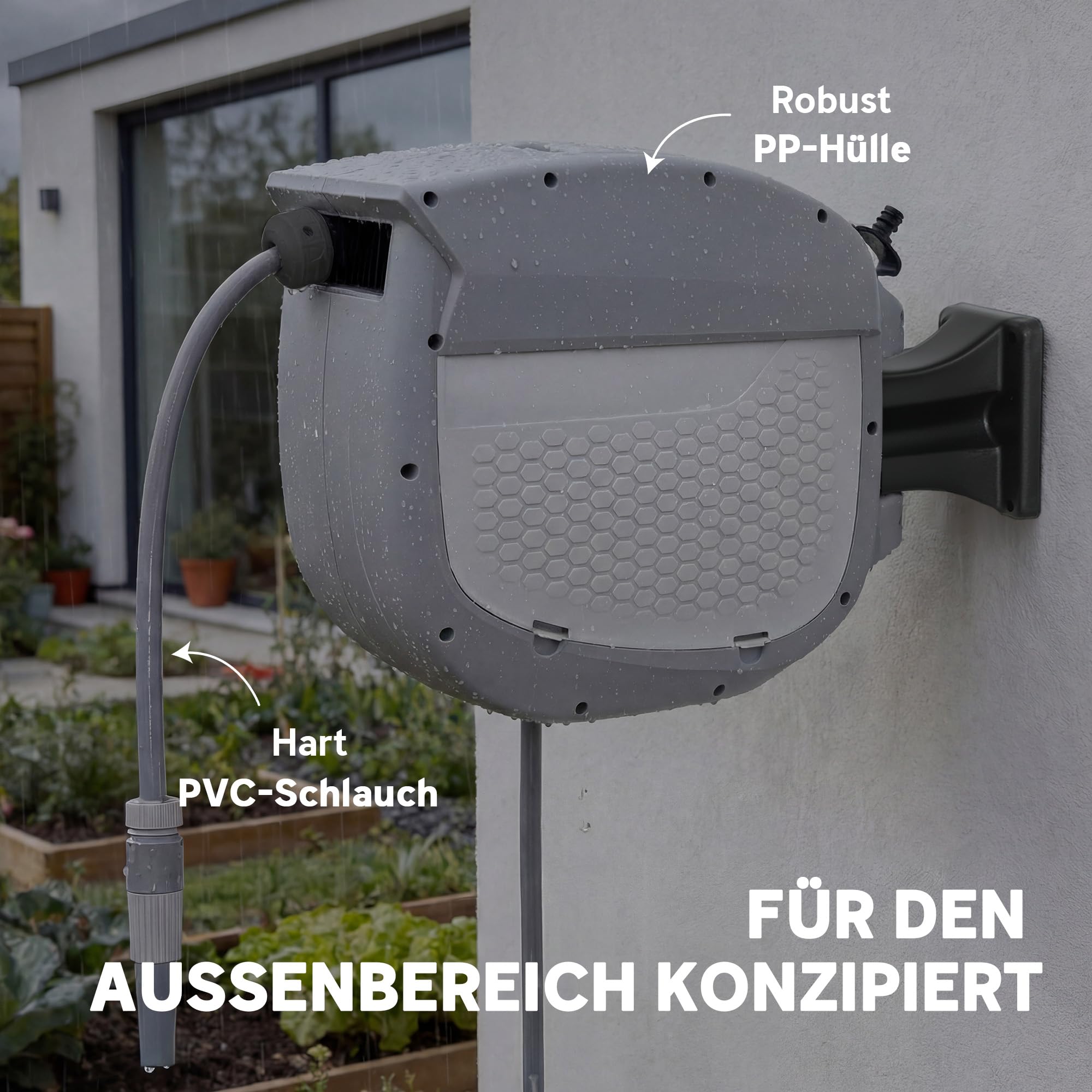 Outsunny Schlauchtrommel mit Gartenschlauch 20 m 180° Schwenkbar Grau | Schlauchbox, Automatische Aufrollung, Selbstverriegelung, Schlauchaufroller zur Wandmontage, Wasserschlauchaufroller