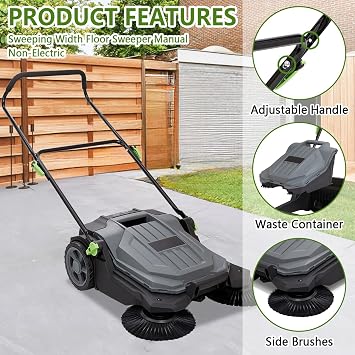 Walk-behind Hand Push Floor Sweeper, 25.6 Sweeping Width Floor Sweeper Manual Non-Electric, 5-Gallon Waste Container, Angle & Height Adjustable Folding Handle for Walkway, Yard, Garage, Patio