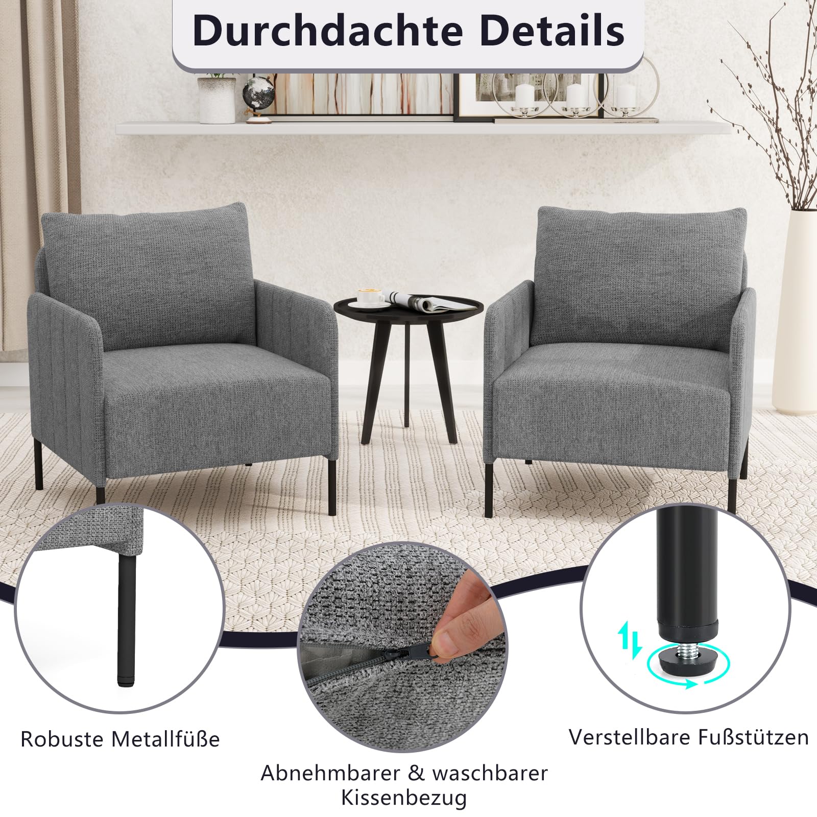 COSTWAY Fotel do salonu, pojedyncza sofa z poduszkami, fotel wypoczynkowy z regulowanymi poduszkami na stopy, wygodna sofa, nowoczesny fotel relaksacyjny do sypialni, gabinetu, szary
