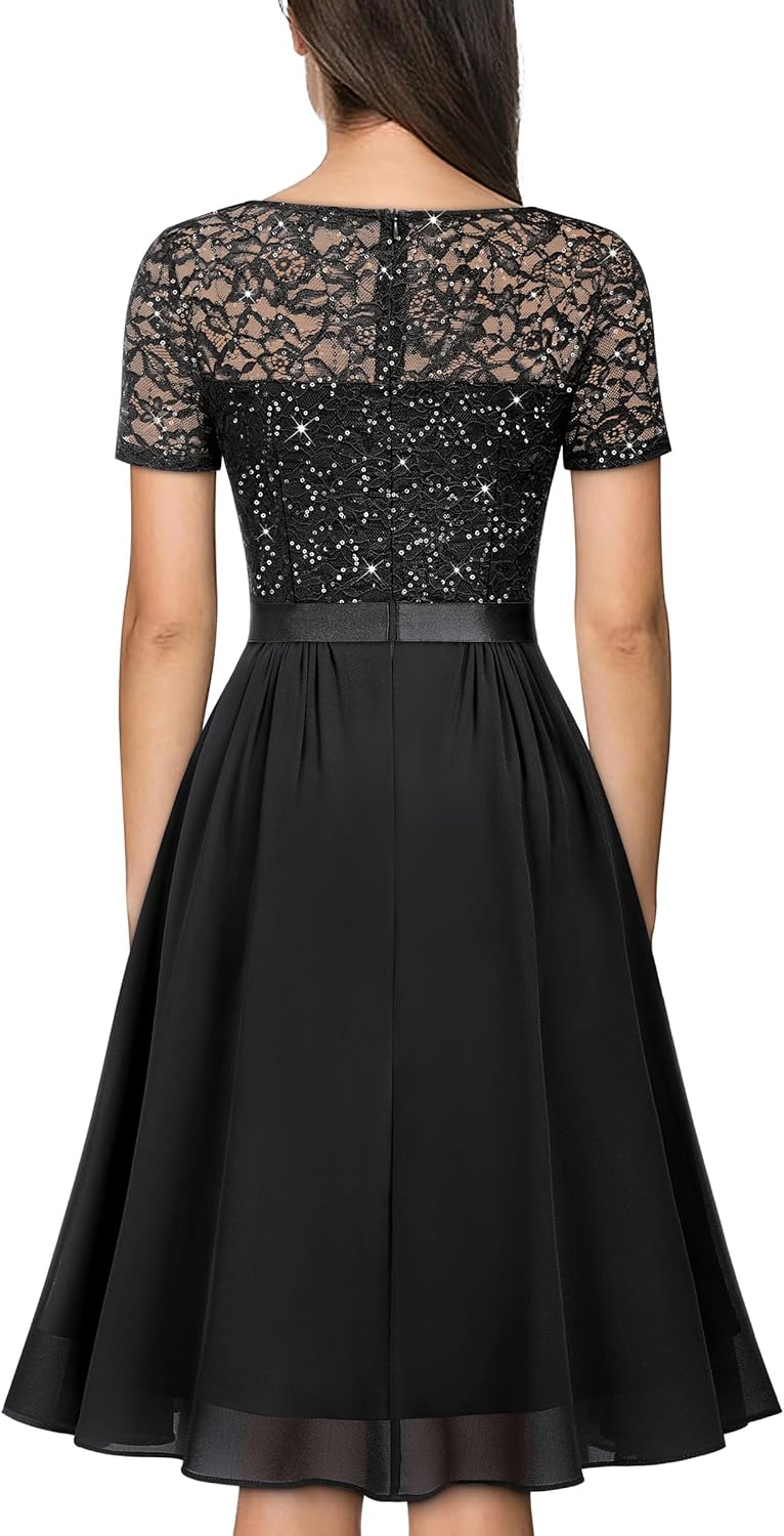 MISSMAY Women's Elegant Style Sequin Lace A-Line Cocktail Party Dress - Image 2