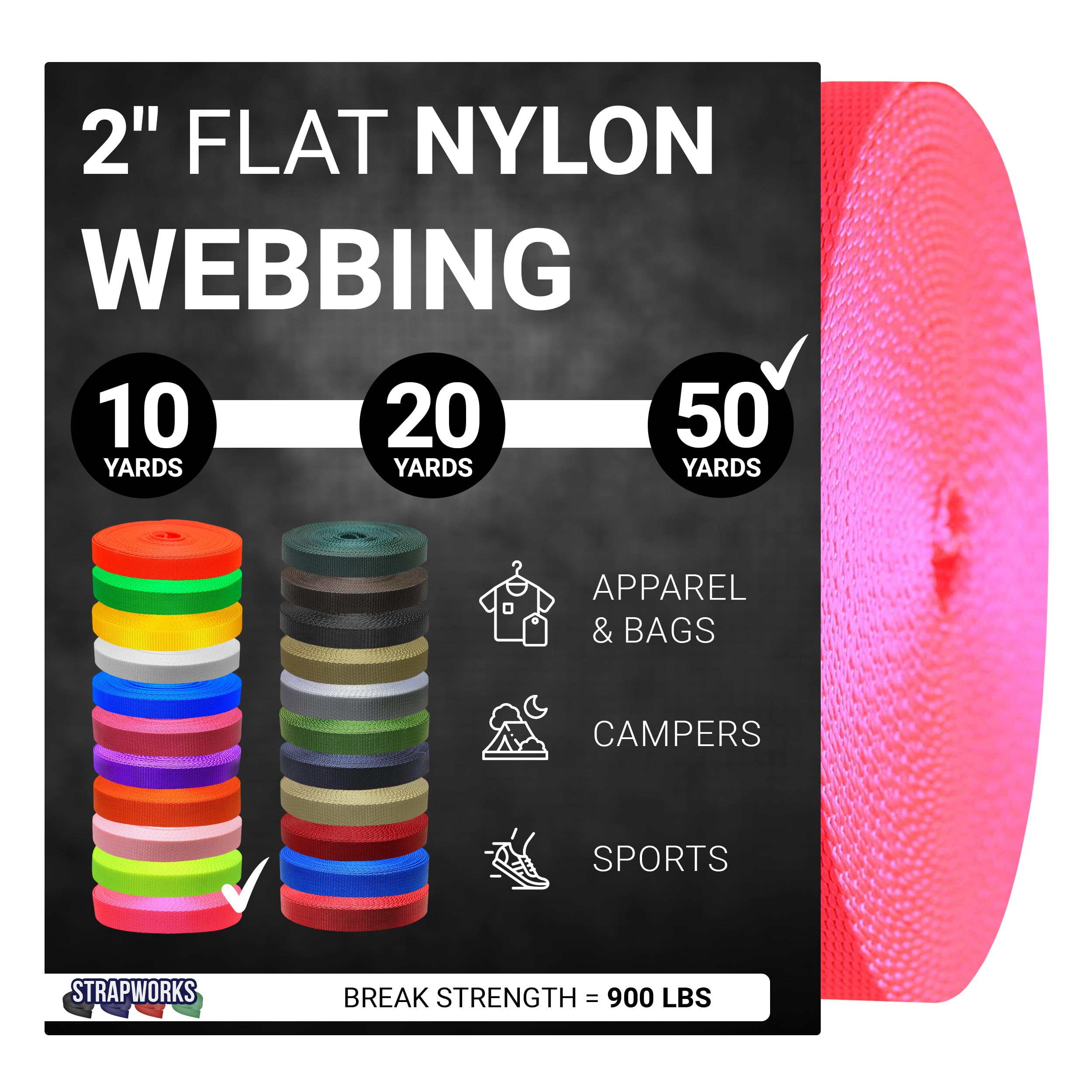 Strapworks 2 Inch Heavy Duty Nylon Webbing Strap Roll for Belt, Backpack, Sling, Collar, Leash, Strapping and More, 10, 20, or 50 Yards, Over 20