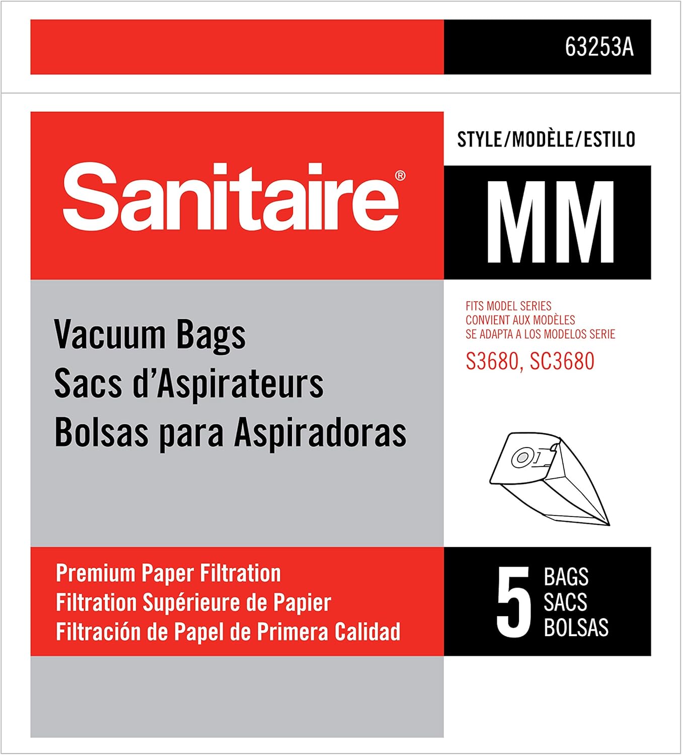 Sanitaire MM Premium Paper Bag (Pack of 5), Fits Models S3680 & SC3680 Canister Vacuums, 63253A, White