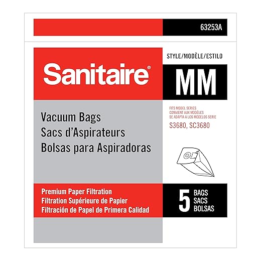 Sanitaire MM Premium Paper Bag (Pack of 5), Fits Models S3680 & SC3680 Canister Vacuums, 63253A, White