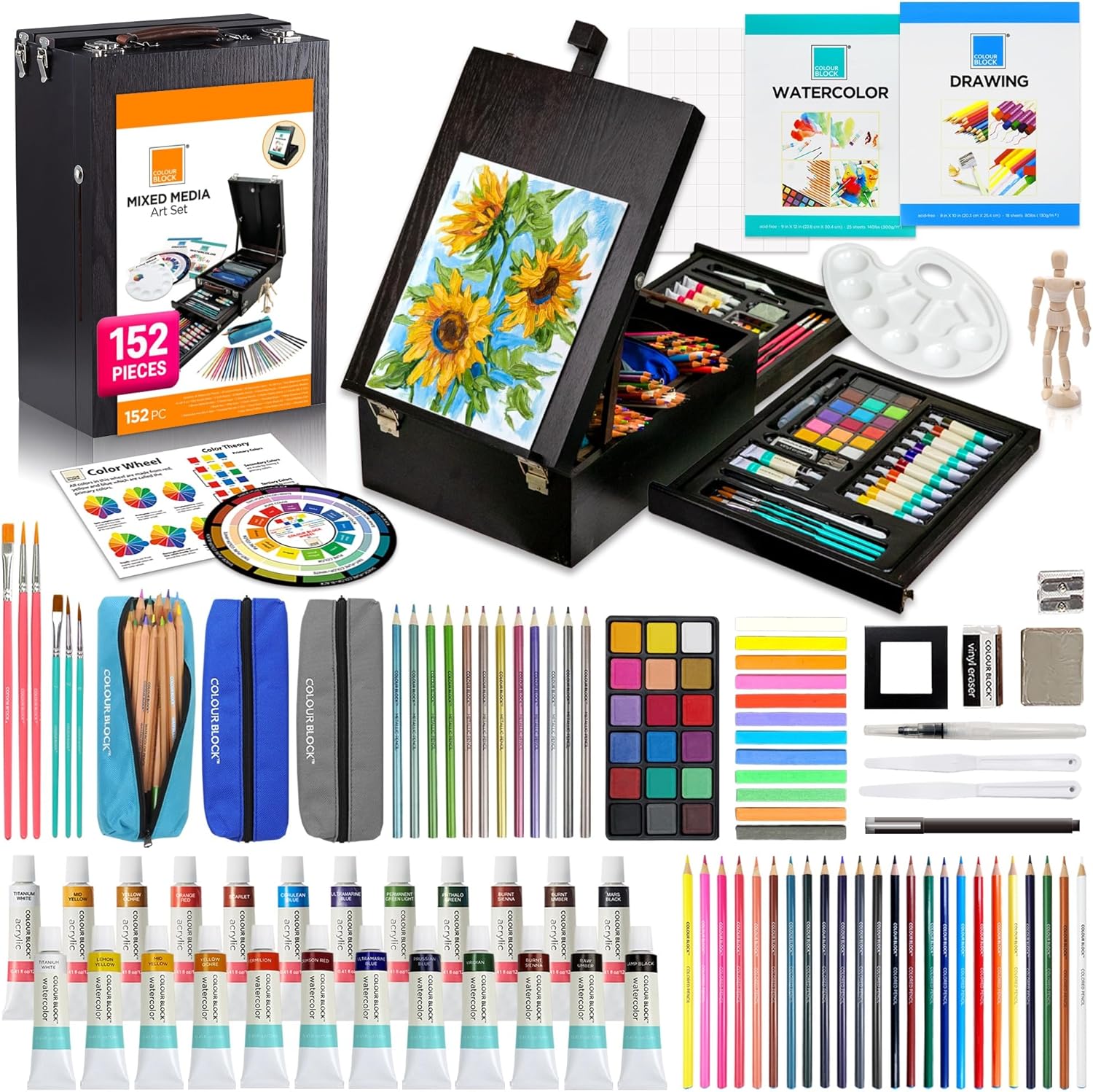COLOUR BLOCK 152 Wooden Easel Art Supplies Set, Professional Painting and Drawing Kit with Acrylic Paints, Watercolor Paints, Sketch Pad, and Pencils for Adults and Mixed Media Artists