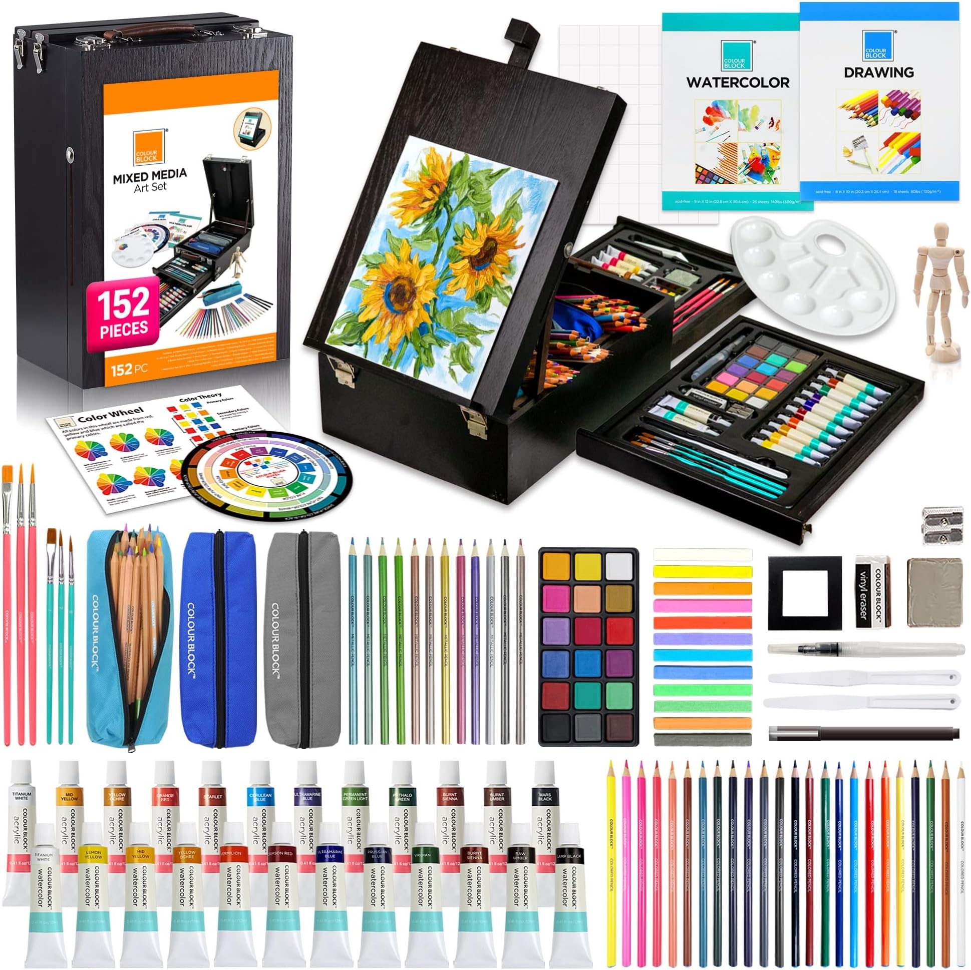 COLOUR BLOCK 152 pc Wooden Easel Mixed Media Art Supplies Artist Painting and Drawing Kit, Adult Art Set with Acrylic Paint and Pencils, Sketch Book & Watercolor Paints, Professional Boxed Art Sets