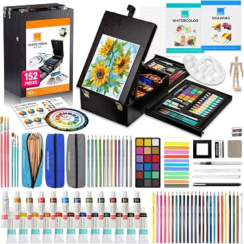 COLOUR BLOCK 152-Piece Wooden Easel Art Supplies Set, Professional Painting and Drawing Art Kit with Mixed Media Acrylic and Watercolor Paints, Pencils and Tools for Adults and Mixed Media Artists