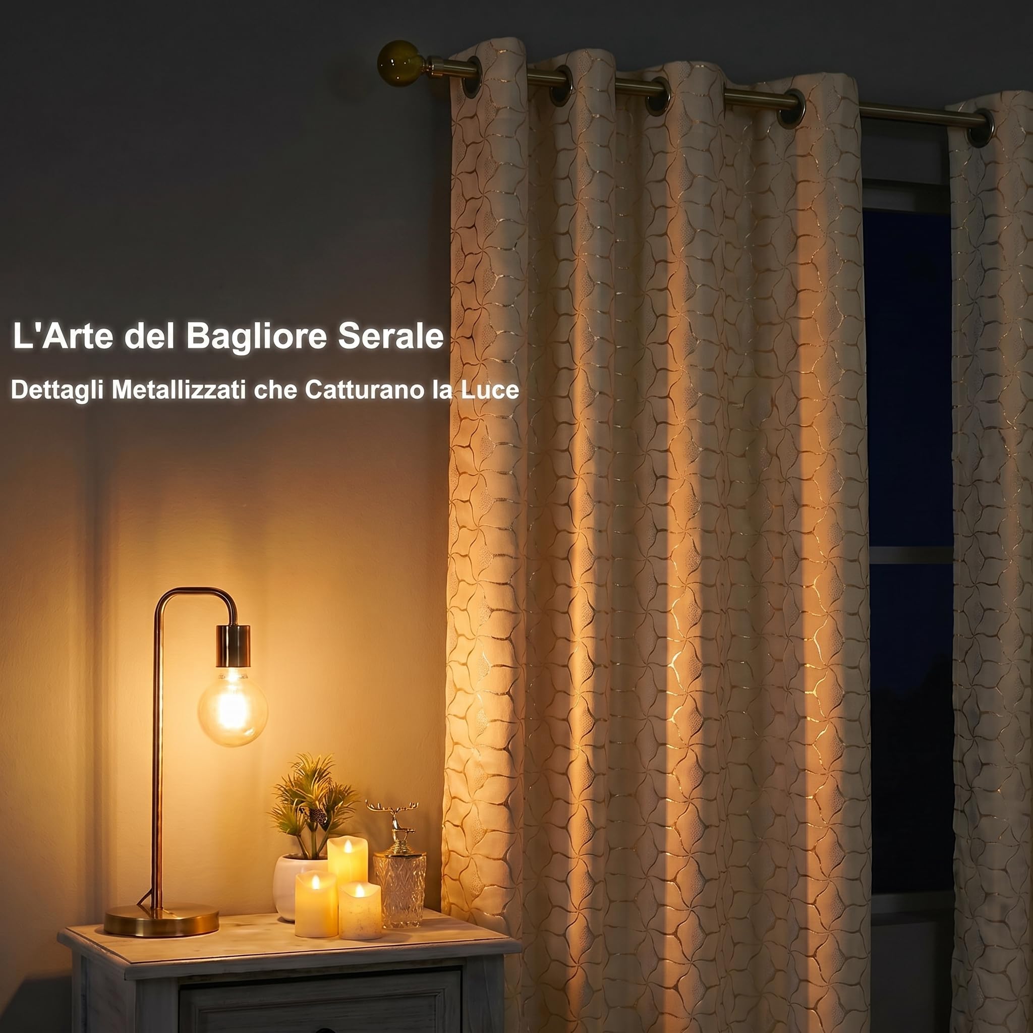 Tende crema dorate con motivo geometrico, H160 x L140 cm, set da 2 pannelli, effetto velluto, tende oscuranti 75-80%, occhielli metallici 4 cm, soggiorno camera ufficio