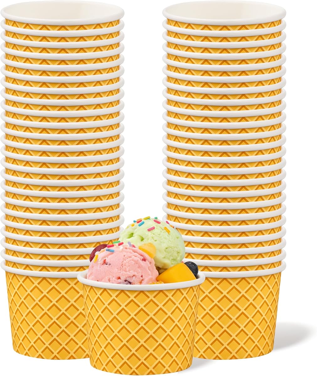 50 Pcs Paper Ice Cream Cups 4oz Ice Cream Disposable Dessert Bowls Small Treat Snack Bowls for Sundae Frozen Yogurt Soup Hot or Cold Food Containers Party Supplies