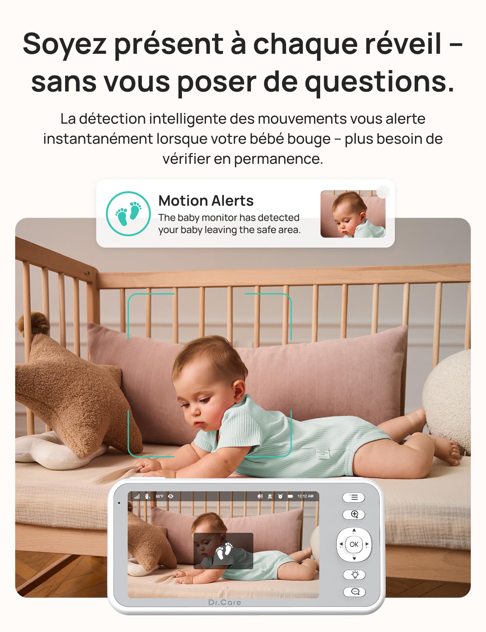 Dr.Care Babyphone Camera WiFi 2K, écran 5",App, Support à Pince, Mode privé | Batterie amovible 5000mAh, alertes mouvement/son, portée 390m, vision nocturne HD, Suivi personnes, Vox, veilleuse, LumiView