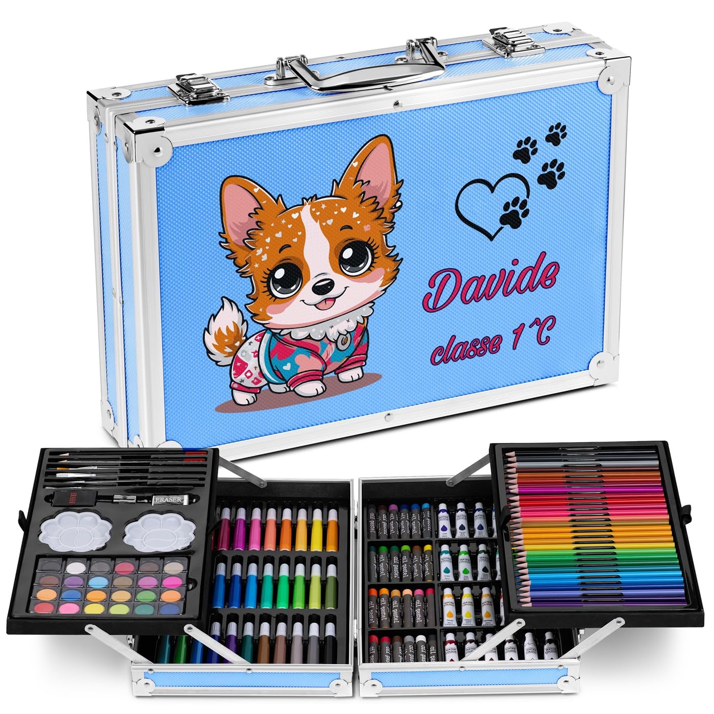 Maverton Valigetta Colori Personalizzata - Azzurra o Rosa a 2 Piani - Set Pittura e Disegno - Kit Matite Colorate Pastelli Pennarelli Colori a Matita - Regalo Bambini Compleanno