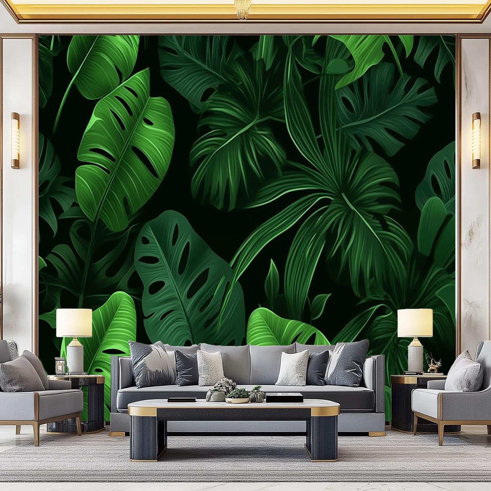 Carta Da Parati 250 x 175 cm Carta Da Parati Per Camera - Foglie Tropicali Rami Texture Progettazione del modello - Verde Nero Da Letto Parete Non Tessuto Stampa Decorazione Murale