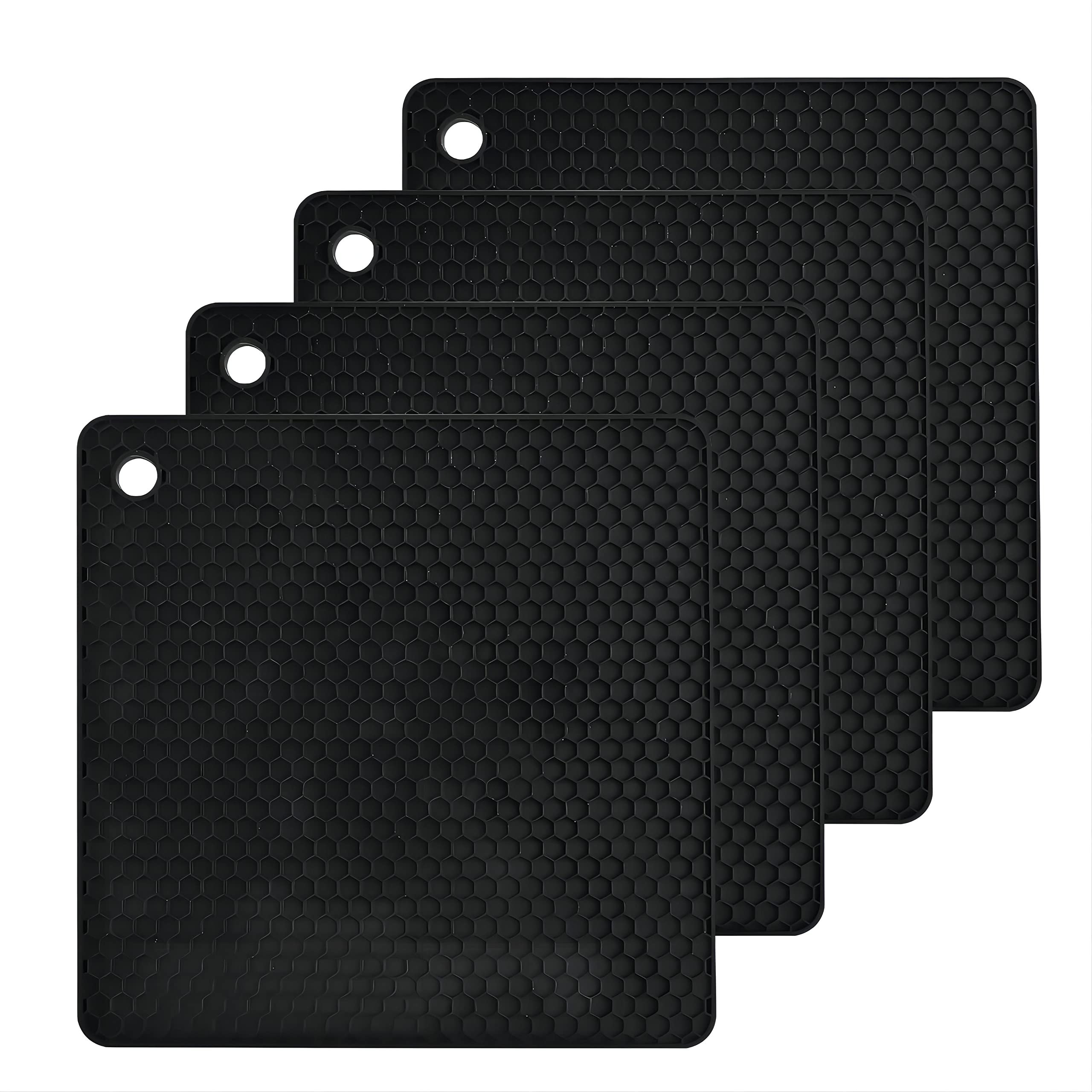 Silicone Trivets Mats Set, Silicone Hot Pads Pot Mat for Countertop, Trivet Pads Heat Resistant, Table Placemats, Square Small Drying Mats, 4 Pack, Black Trivets