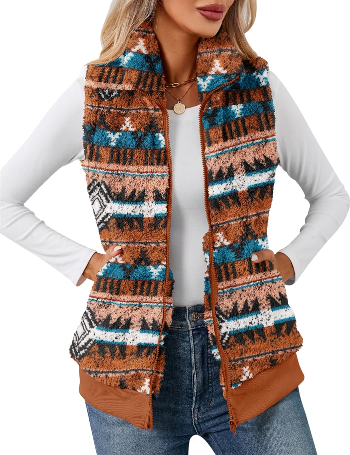 LOMON Womens Fuzzy Fleece Vest, Casual Warm Sleeveless Zip Up Sherpa Vest Jacket with Pockets for Fall/Winter