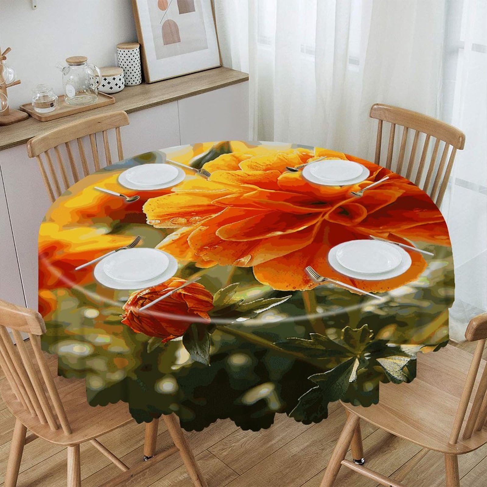 FekiLoot Marigold Flower Autumn Flowers Round Tablecloth 60 Inch Waterproof Heavy Duty Table Cloth Spillproof Washable Table Cover Wrinkle Resistant Tablecloths Decorative Table Cloths