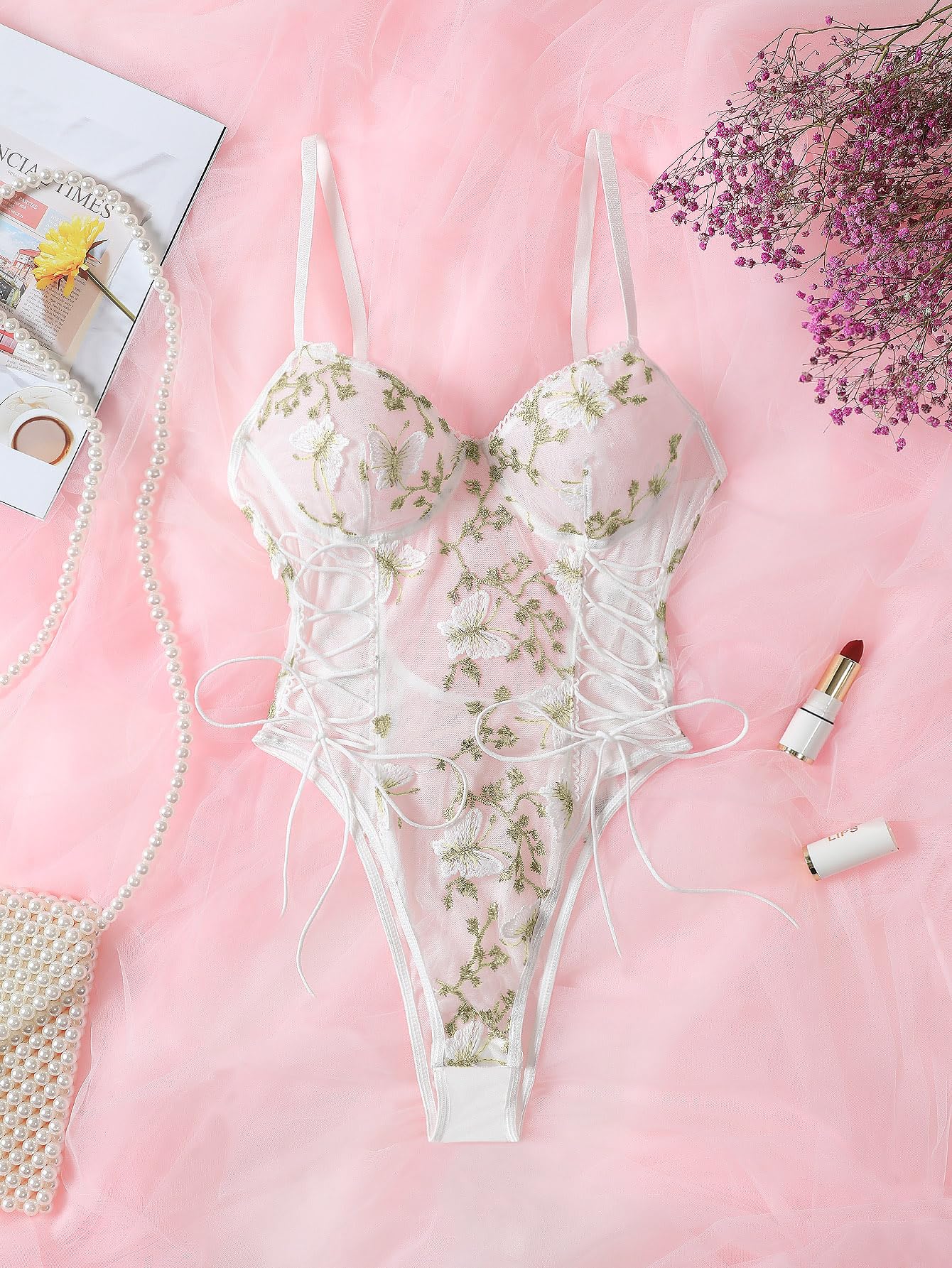 Lilosy Women Sexy Lace Up Floral Embroidered Teddy Lingerie Bodysuit Top Mesh Sheer One Piece: Large Butterfly Butterfly White